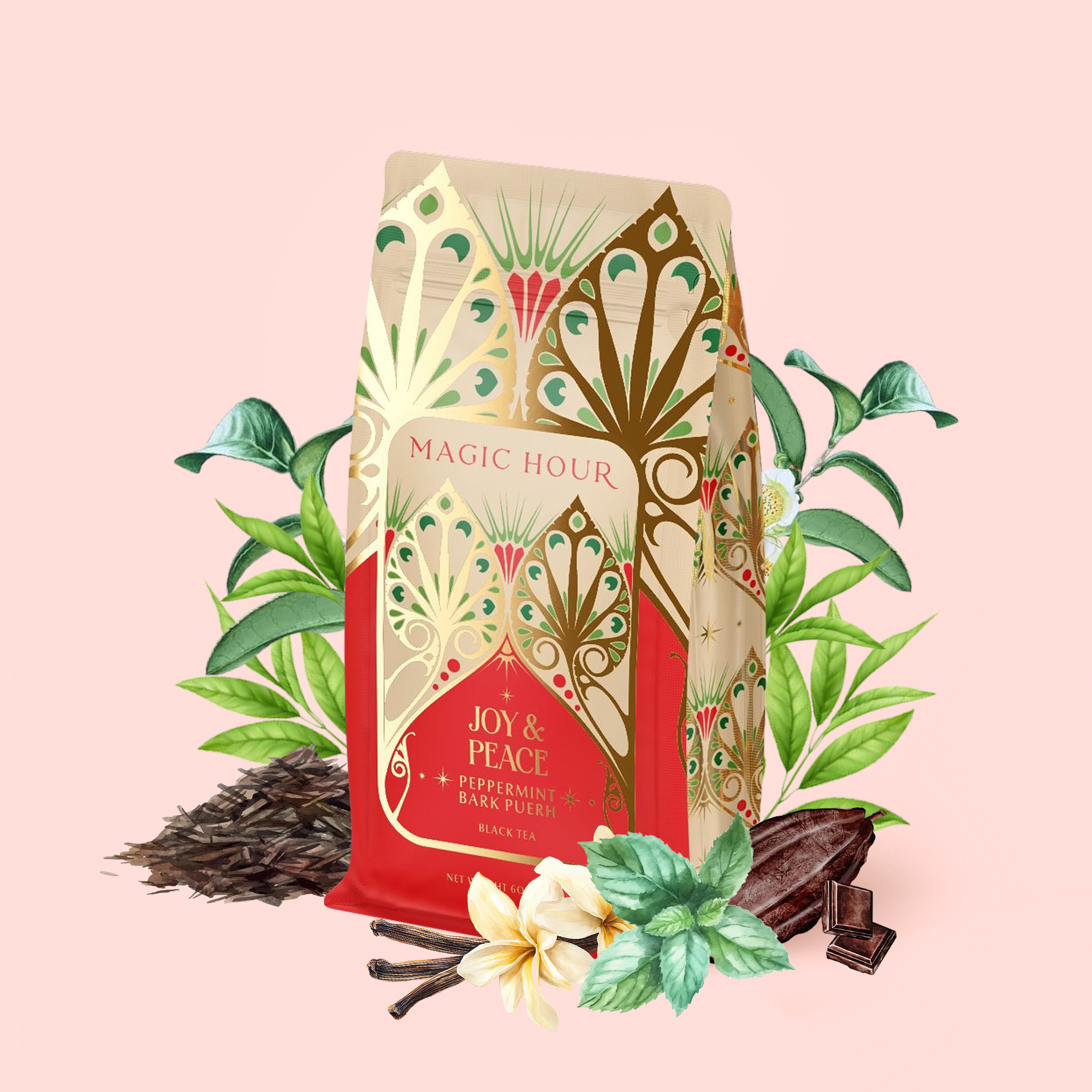 A festive package of Peppermint Bark Puerh, celebrated for supporting metabolism and digestion, surrounded by tea leaves, chocolate, vanilla, and bark, set against a light pink background.