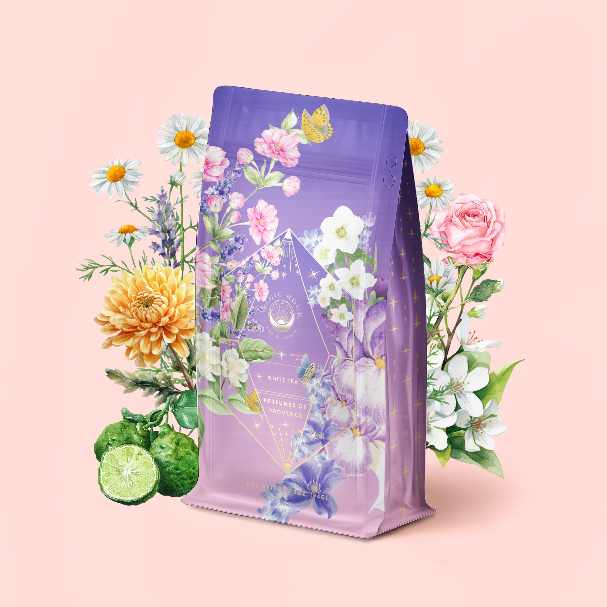A pastel purple package of Perfumes of Provence: Lavender Bouquet Tea for Calm Moods and Beautiful Skin, adorned with floral and citrus illustrations, stands amid blooming flowers and bergamot fruit on a soft pink background, evoking the soothing essence of Provence.