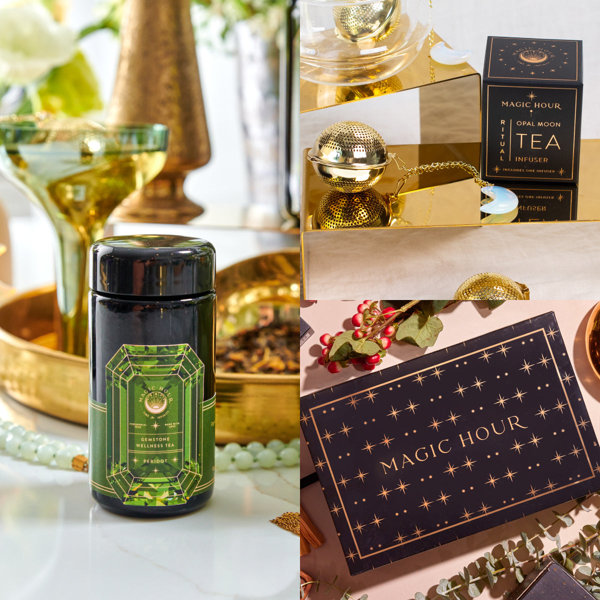 A collage of tea-themed items showcases a green-labeled tea container, a gold infuser with a starry black box labeled "Magic Hour," and a larger "Magic Hour" box. Vibrant Wellness is celebrated through decorative gold, floral elements, and the serene glow of the Peridot August Birthstone Mini Gift Set.