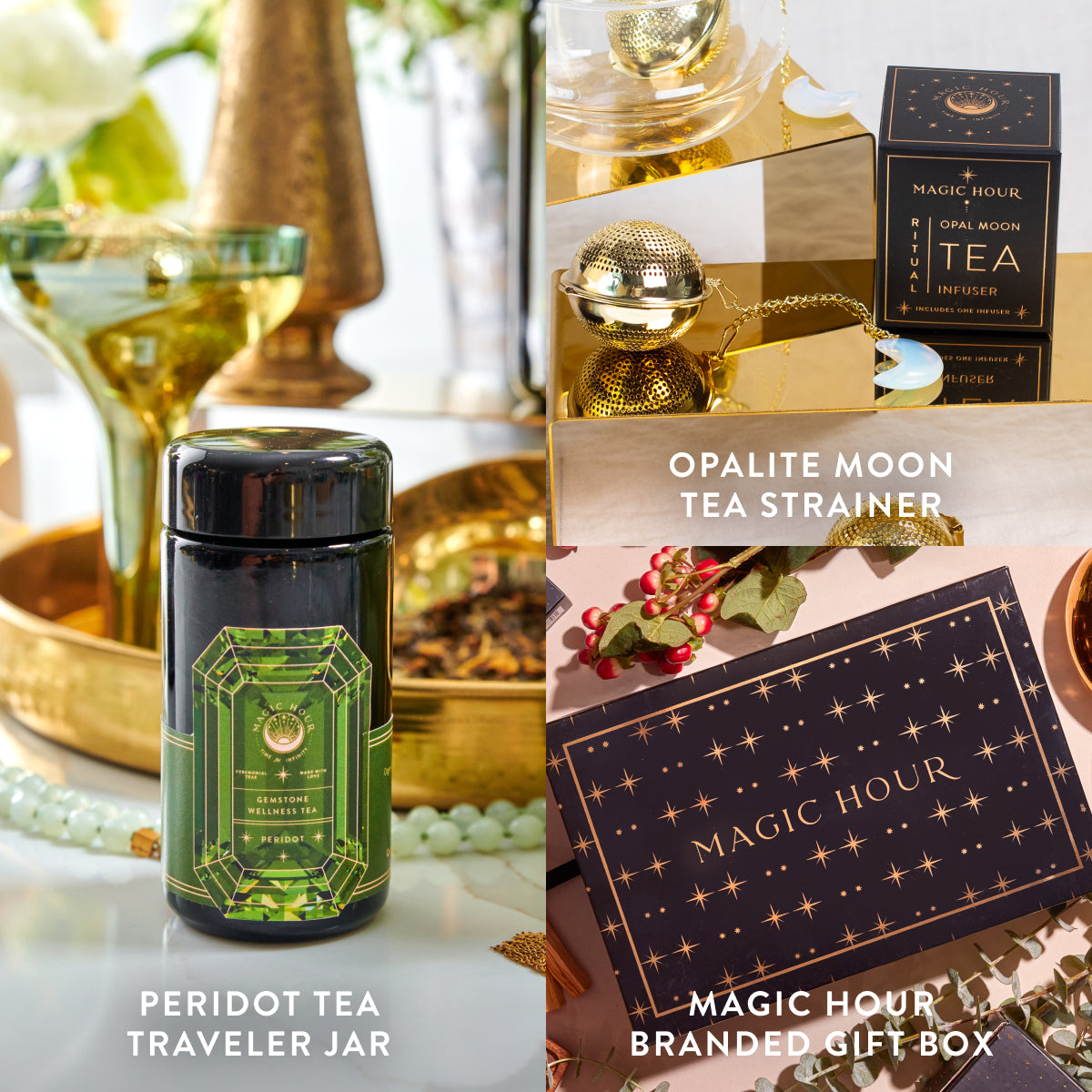 A collage of tea gift items showcases: On the left, the Peridot August Birthstone Mini Gift Set perfect for enthusiasts. At the top right, there's an Opalite Moon Tea Strainer packaged in elegant gold and black. At the bottom right, a Magic Hour gift box features a black design adorned with gold star patterns, surrounded by vibrant wellness-inspired decor.