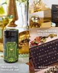 A collage of tea gift items showcases: On the left, the Peridot August Birthstone Mini Gift Set perfect for enthusiasts. At the top right, there's an Opalite Moon Tea Strainer packaged in elegant gold and black. At the bottom right, a Magic Hour gift box features a black design adorned with gold star patterns, surrounded by vibrant wellness-inspired decor.