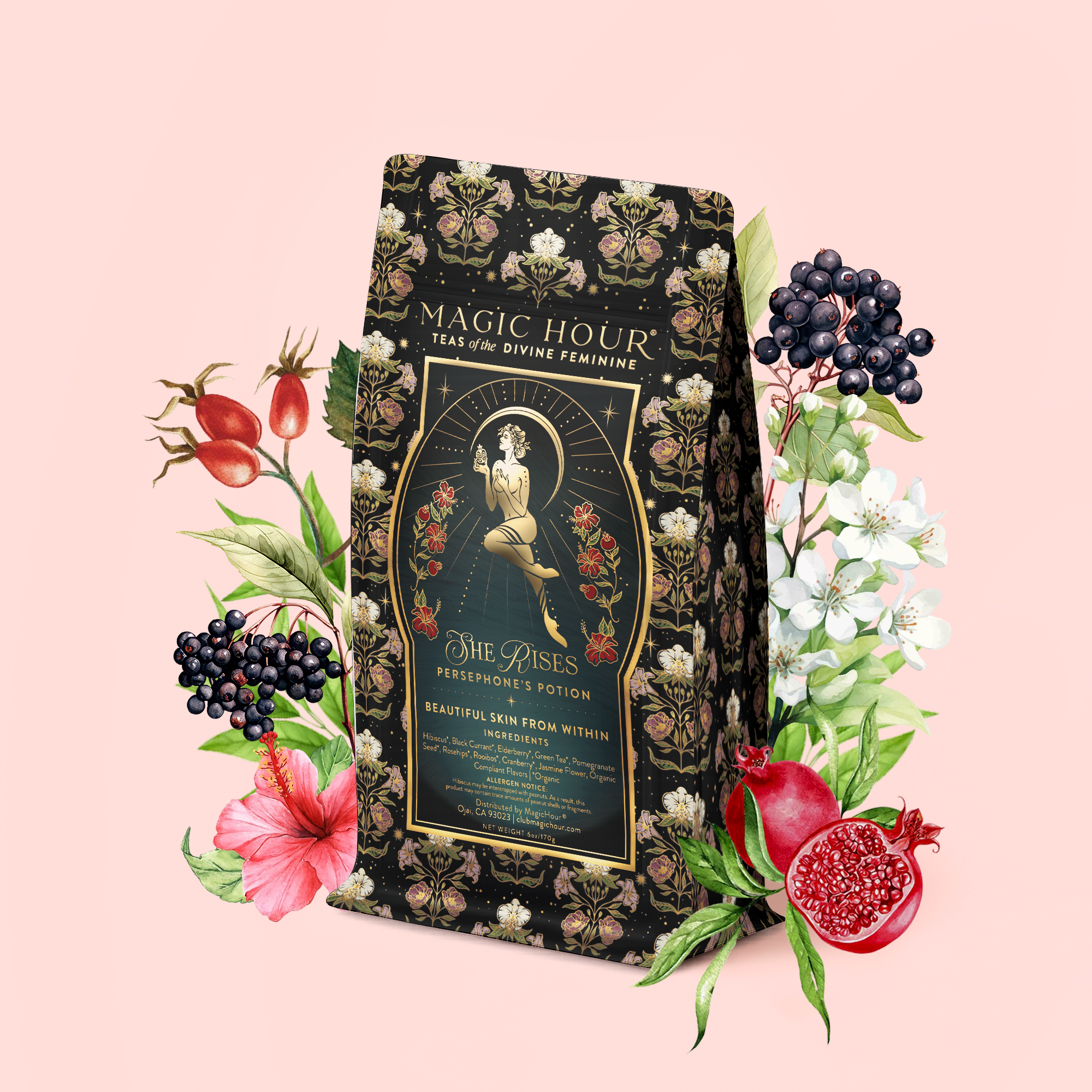 A floral and fruit-inspired tea package labeled "Persephone's Potion: Pomegranate &amp; Jasmine Green Tea" stands surrounded by illustrated flowers, berries, pomegranate, and rose hips on a soft pink background—inviting you to indulge in the enchanting blend of pomegranate and jasmine green tea.