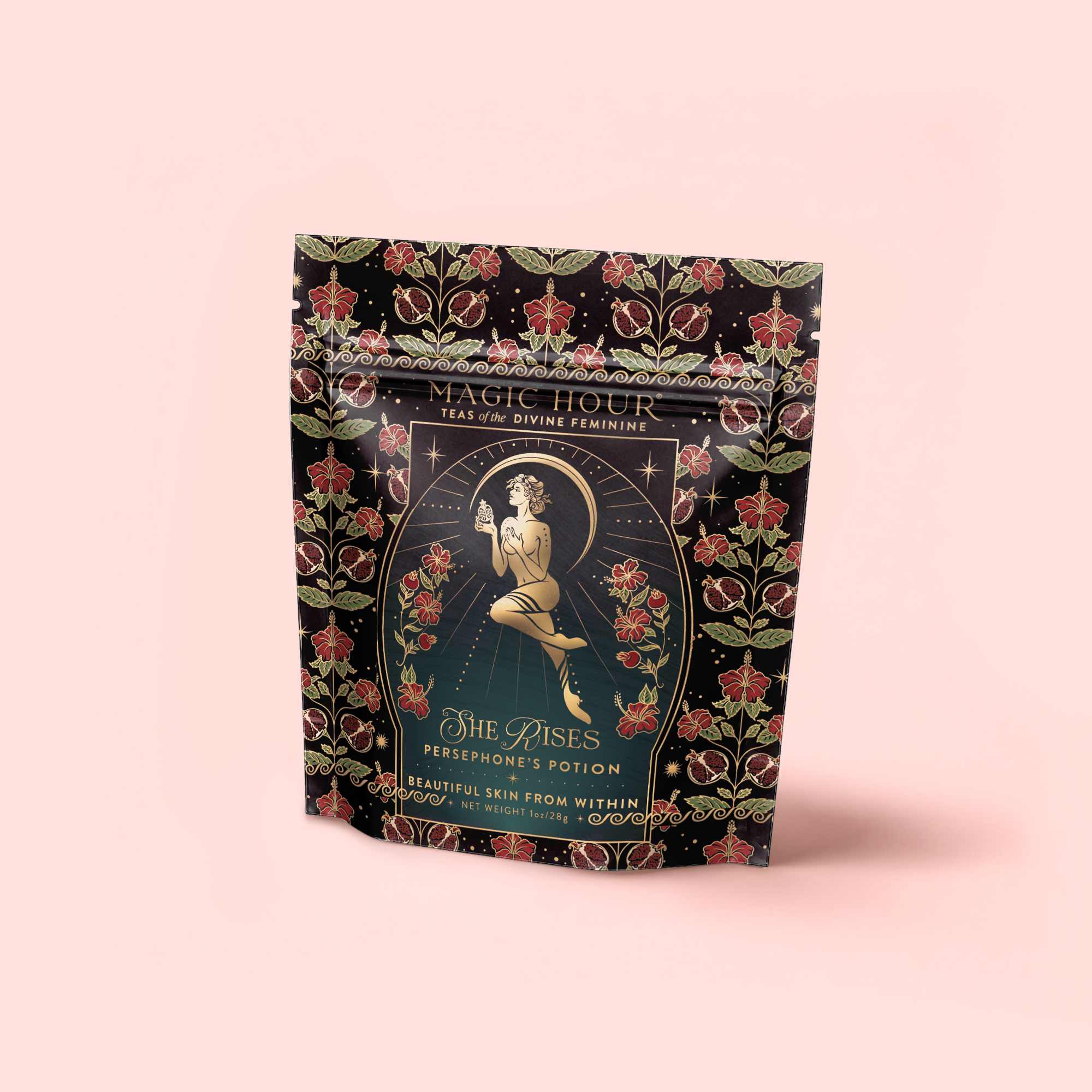 A decorative tea pouch labeled "Persephone's Potion: Pomegranate & Jasmine Green Tea" features floral patterns, an illustration of a woman among roses, and highlights jasmine green tea notes on a pale pink background.