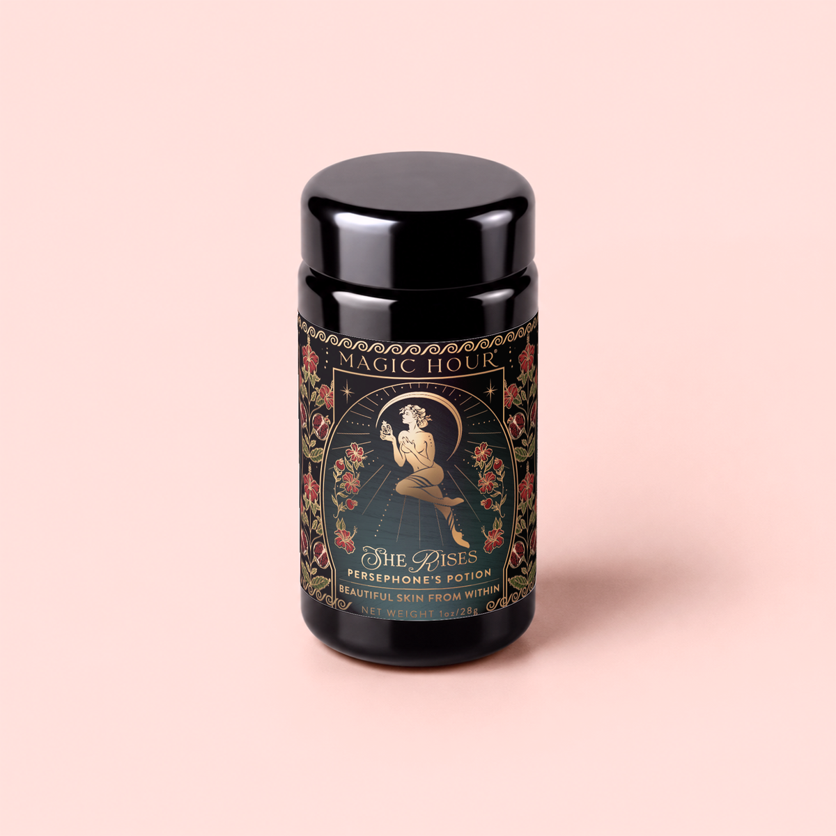 A black jar labeled “Magic Hour Persephone’s Potion: Pomegranate &amp; Jasmine Green Tea,” featuring an illustration of a woman among flowers, set against a soft pink background—an enchanting blend inspired by the nourishing tradition of herbal tea for natural immunity support.
