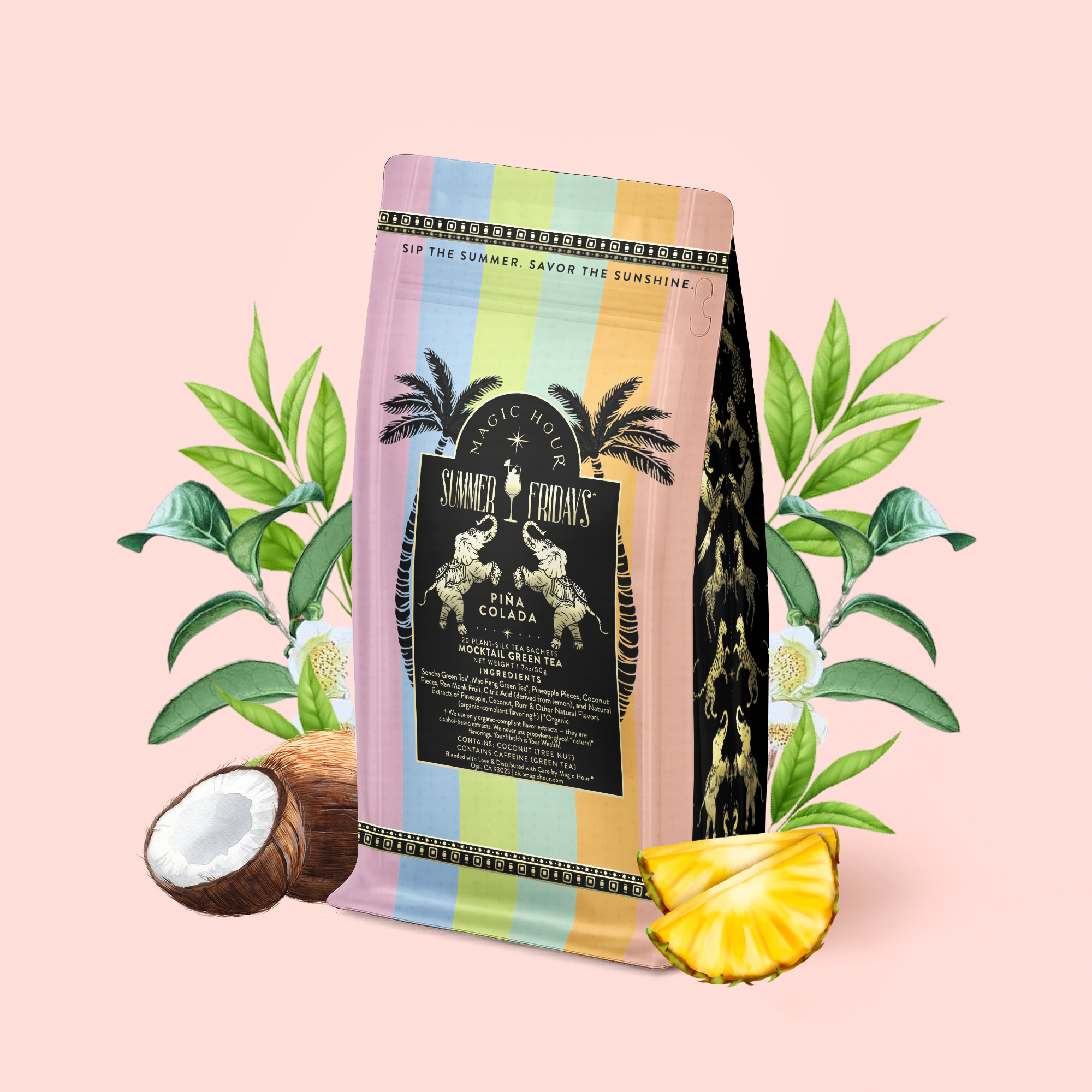 A coffee bag with a vibrant rainbow design, palm trees, and a black label that reads "Piña Colada: Tropical Green Mocktail Tea for Sultry Moods &amp; Radiant Skin" is surrounded by coconut, pineapple, and lush green leaves—evoking the tropical notes of this pineapple coconut tea—set against a pale pink background.