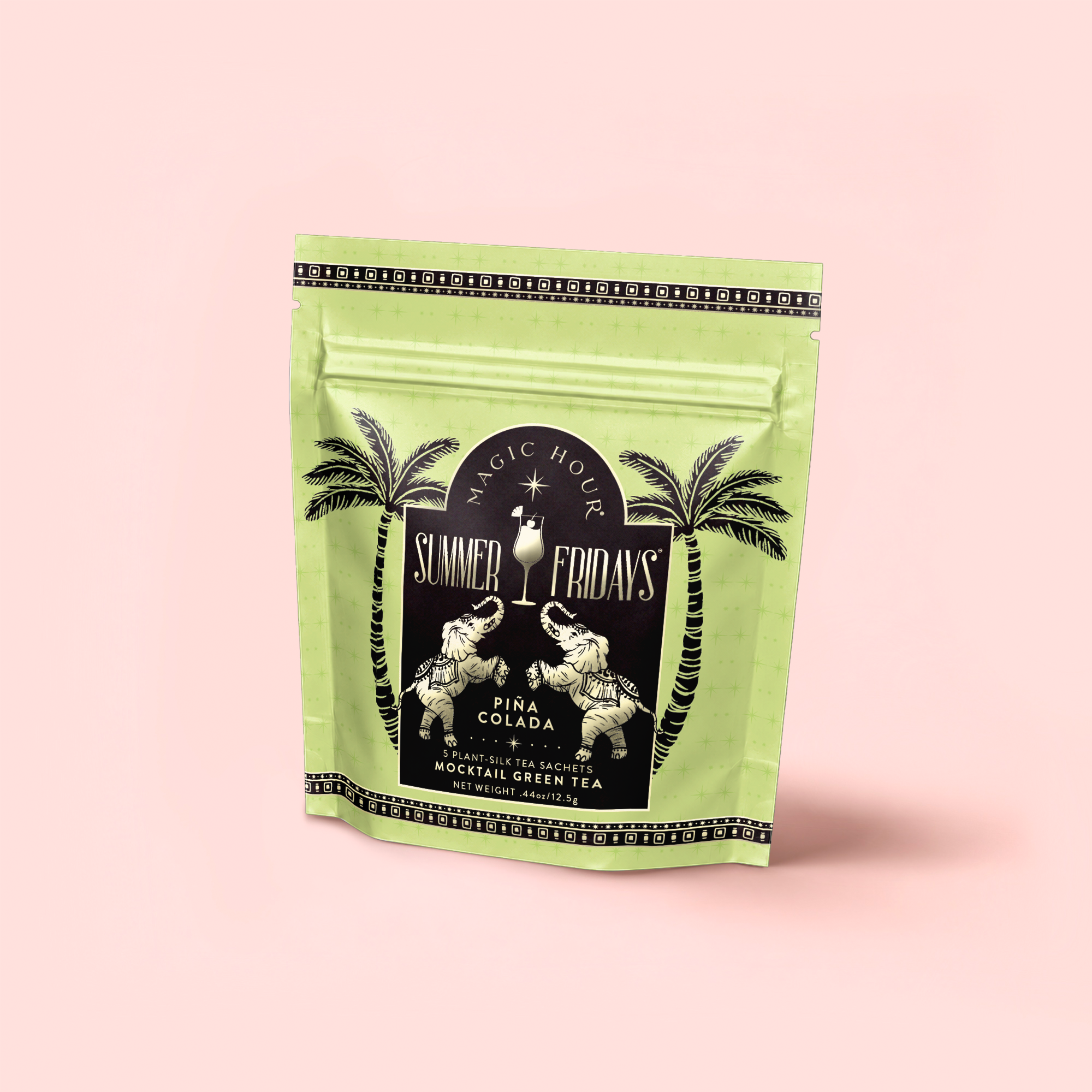 A green resealable pouch labeled "Piña Colada: Tropical Green Mocktail Tea for Sultry Moods & Radiant Skin," with palm trees and vintage swimmers on pale pink, offers refreshing organic green tea for a tropical mocktail experience.