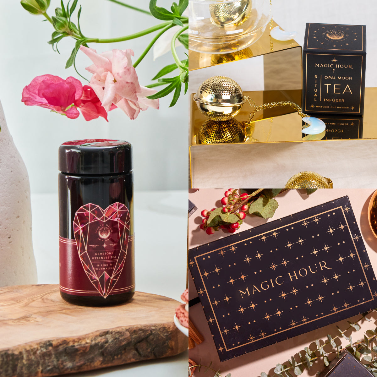 A collage of three images: a geometric heart-adorned jar, a gold tea infuser beside the "Magic Hour" Pink Tourmaline Tea box, and another "Magic Hour" gift box with celestial patterns. These items are elegantly arranged amidst flowers and greenery, forming the perfect Pink Tourmaline October Birthstone Mini Gift Set for wellness.