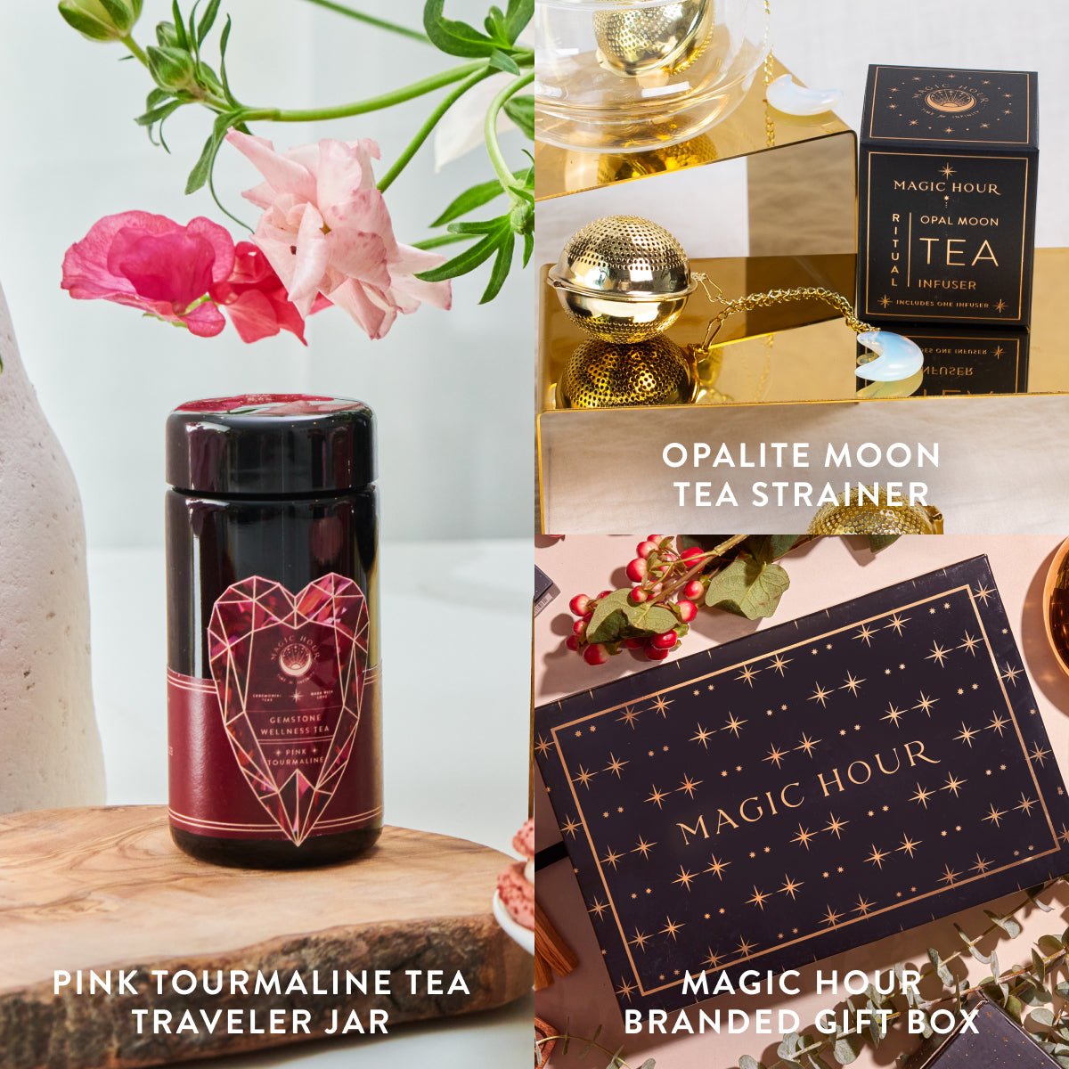 A collage featuring the "Pink Tourmaline October Birthstone Mini Gift Set," adorned with a pink flower; an "Opalite Moon Tea Strainer" paired with a tea box; and a "Magic Hour Branded Gift Box" showcasing a starry design, makes for an enchanting Wellness Gift Set.