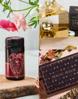 A collage of three images: a geometric heart-adorned jar, a gold tea infuser beside the "Magic Hour" Pink Tourmaline Tea box, and another "Magic Hour" gift box with celestial patterns. These items are elegantly arranged amidst flowers and greenery, forming the perfect Pink Tourmaline October Birthstone Mini Gift Set for wellness.