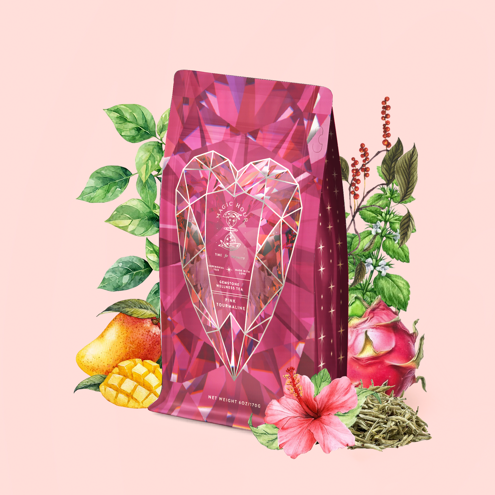 A gem-patterned pink bag of Pink Tourmaline: Organic Dragon fruit Hibiscus White Tea for Women's Health is displayed amidst illustrated mango, dragon fruit, hibiscus flowers, tea leaves, and lush green foliage on a soft pink background—specially crafted to support Heart &amp; Breast Health and provide natural Immune Support.
