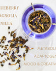 A glass tea infuser brimming with vibrant blue liquid and dried tea leaves beside it. The text reads "Pisces Tea - Oolong, Magnolia and Jasmine Sampler Pouch" at the top, while "Metabolism, Adaptogenic, Mood & Creativity" graces the bottom. Featuring Magnolia-scented Oolong from the Phoenix Mountains for an exotic twist.