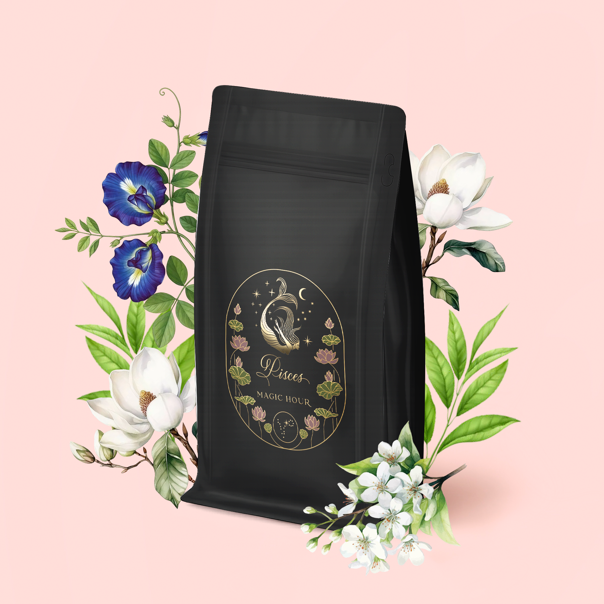 A bag of Pisces: Magnolia-Jasmine Blueberries &amp; Cream Tea with Lion's Mane features a floral Pisces label with a swan, moon, and stars, surrounded by magnolia, Blue Butterfly Pea Flower, and white blossoms on light pink.