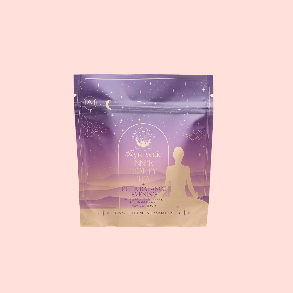 A purple and beige resealable pouch labeled "Pitta: Caffeine-Free Saffron Tea for Balancing Body, Mind & Emotions" features a calming herbal blend, a seated figure silhouette, and moon and stars on a light pink background.