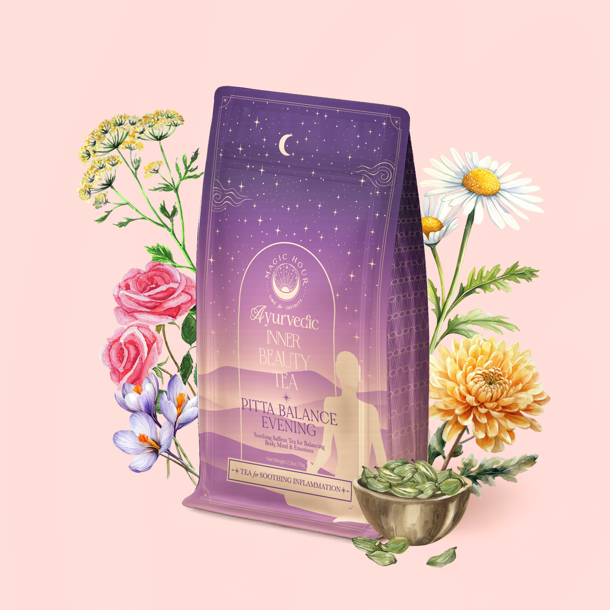 A purple bag of Pitta: Caffeine-Free Saffron Tea for Balancing Body, Mind &amp; Emotions is displayed among vibrant flowers and a bowl of green cardamom pods on a soft pink background.