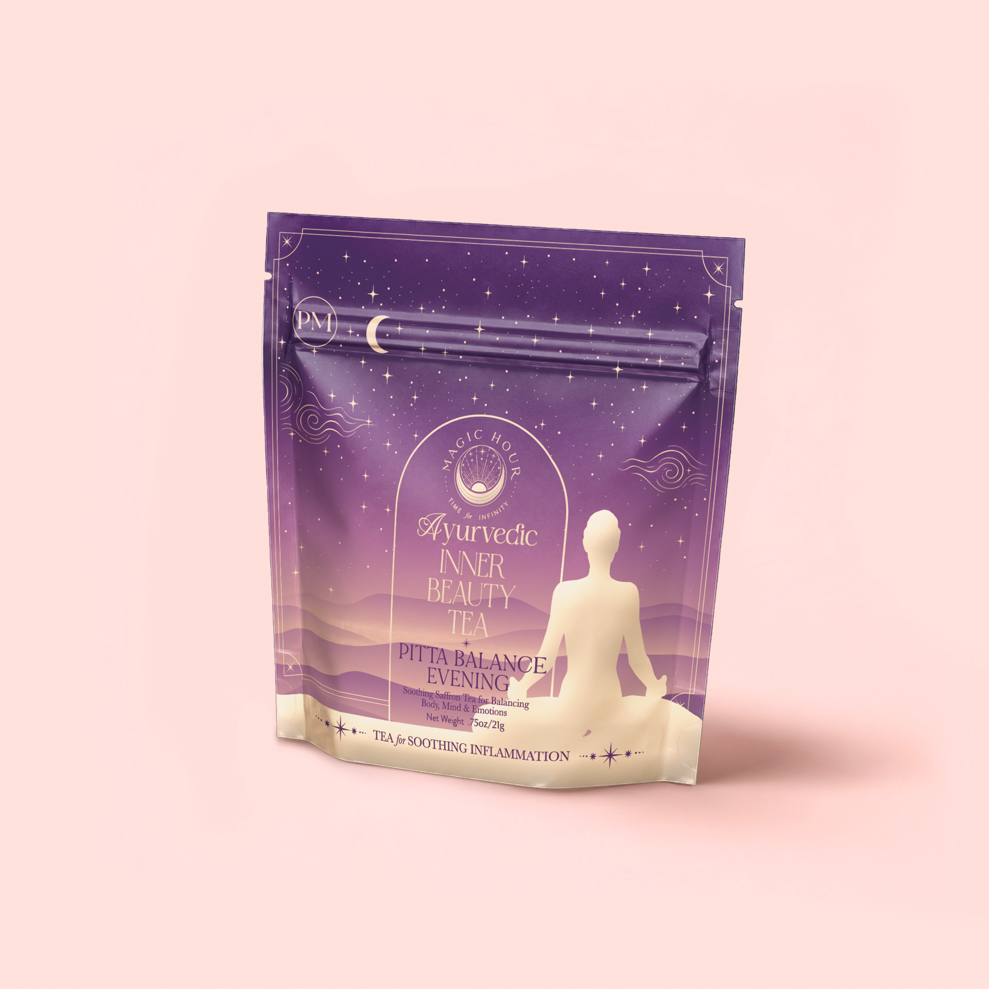 A purple and cream package labeled "Pitta: Caffeine-Free Saffron Tea for Balancing Body, Mind & Emotions" features a meditating silhouette, stars, and mountains, emphasizing calming balance with saffron tea and Ayurvedic herbs.