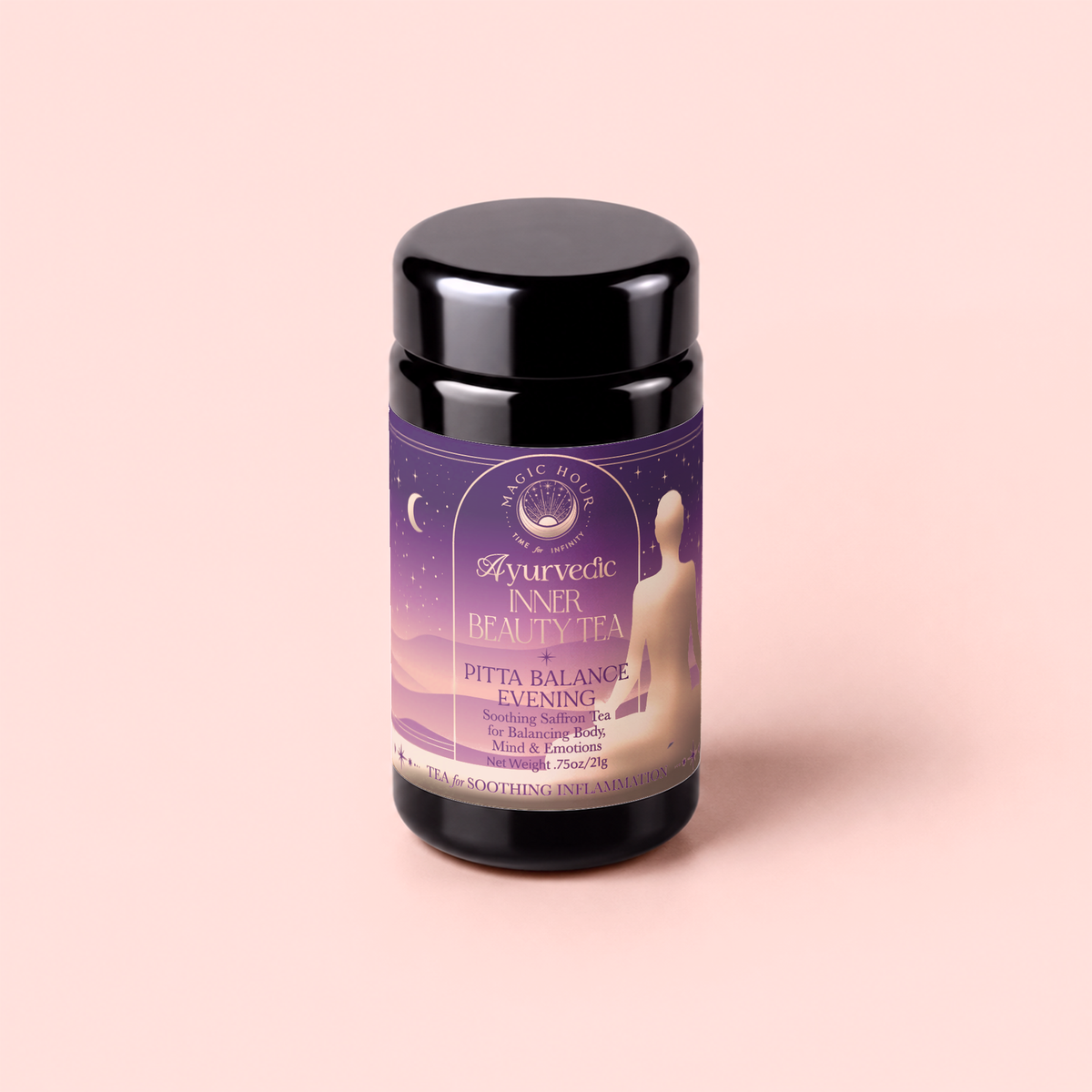 A jar of “Pitta: Caffeine-Free Saffron Tea for Balancing Body, Mind &amp; Emotions” rests on a pale pink background. The label is adorned with calming purple hues, a crescent moon, and gentle silhouettes, creating an atmosphere of relaxation and peace. This soothing floral blend is thoughtfully crafted to help restore balance and tranquility as you unwind in the evening.