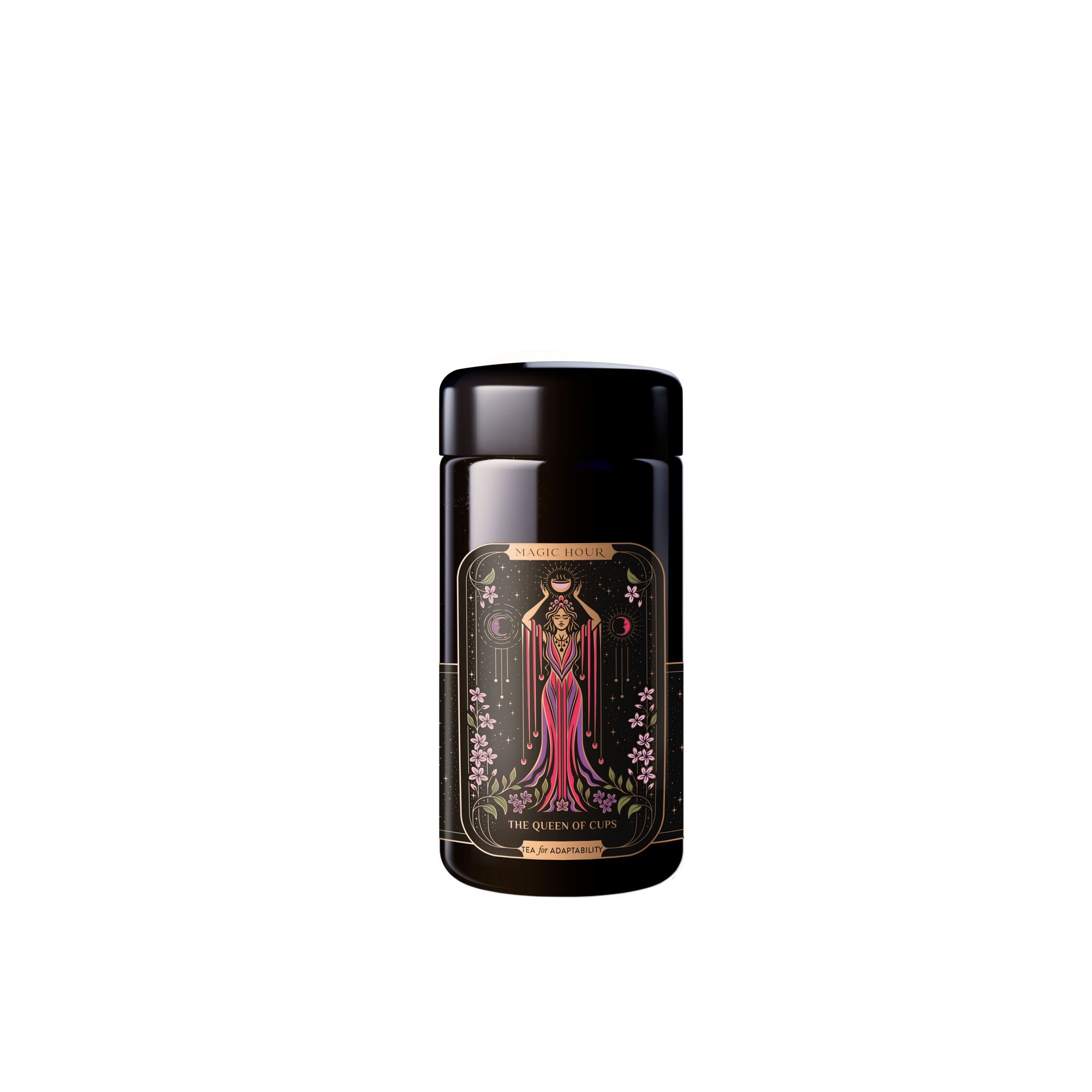 A black cylindrical container featuring intricate label art of a regal figure in a pink gown encircled by floral designs. The text reads "The Queen of Cups" and "Mugler Builder," seamlessly incorporating tarot archetypes into its design, ideal for enthusiasts of wellness teas, as part of the Monthly Magic First Sips Tea Subscription Box.