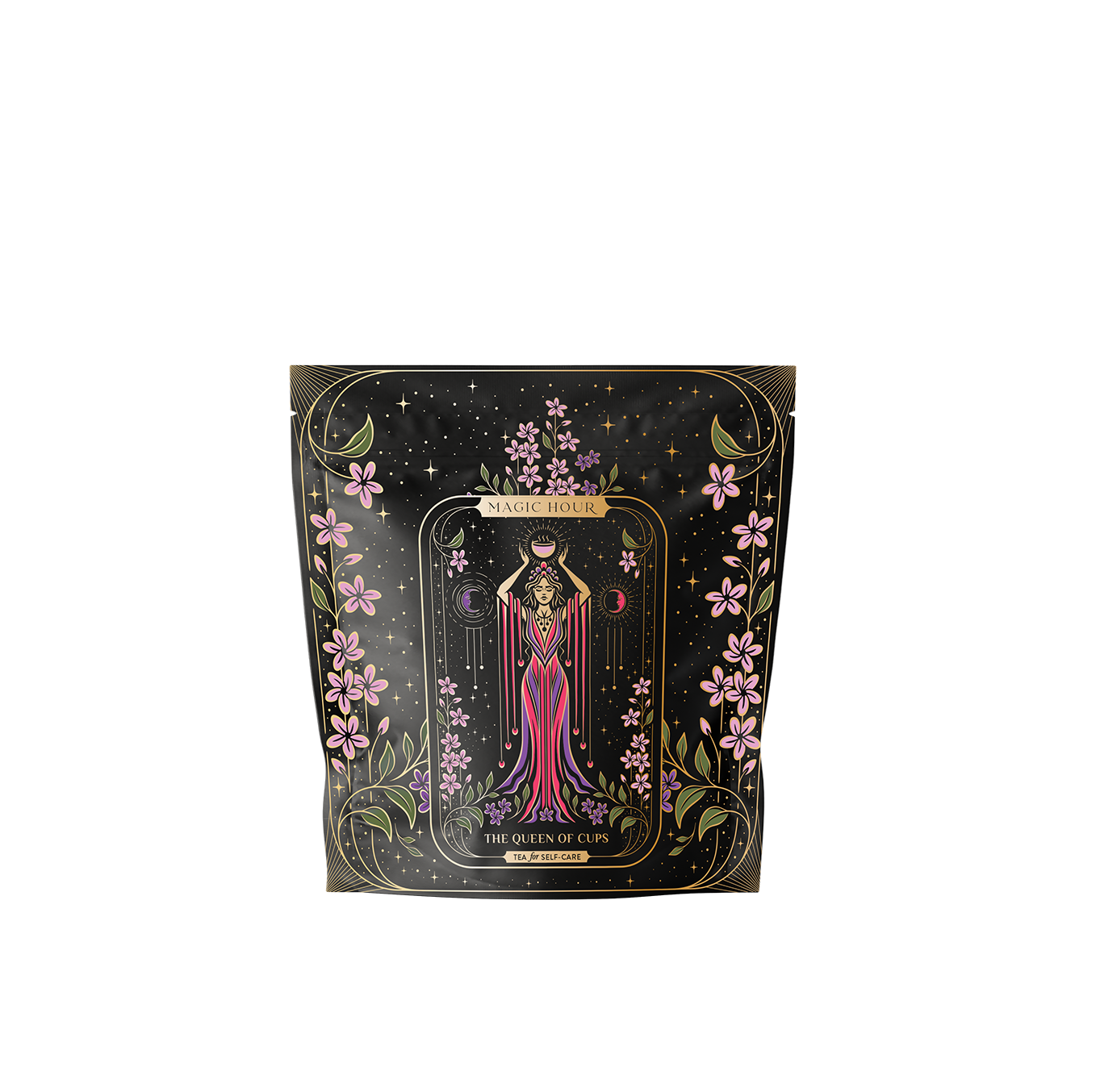 A decorative black package adorned with floral borders, ideal for tarot enthusiasts. The front features an illustration of a robed figure holding a cup, surrounded by stars and flowers. The text reads &quot;Magic Hour&quot; and &quot;The Queen of Cups,&quot; capturing the wisdom in every sip of the Monthly Magic First Sips Tea Subscription Box.