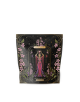 The decorative package design for "The Queen of Cups" showcases an illustration of a woman in a purple dress holding cups, symbolizing emotional balance. A starry background, pink flowers, and ornate golden patterns enrich the mystical theme, evoking a serene sense of calm.