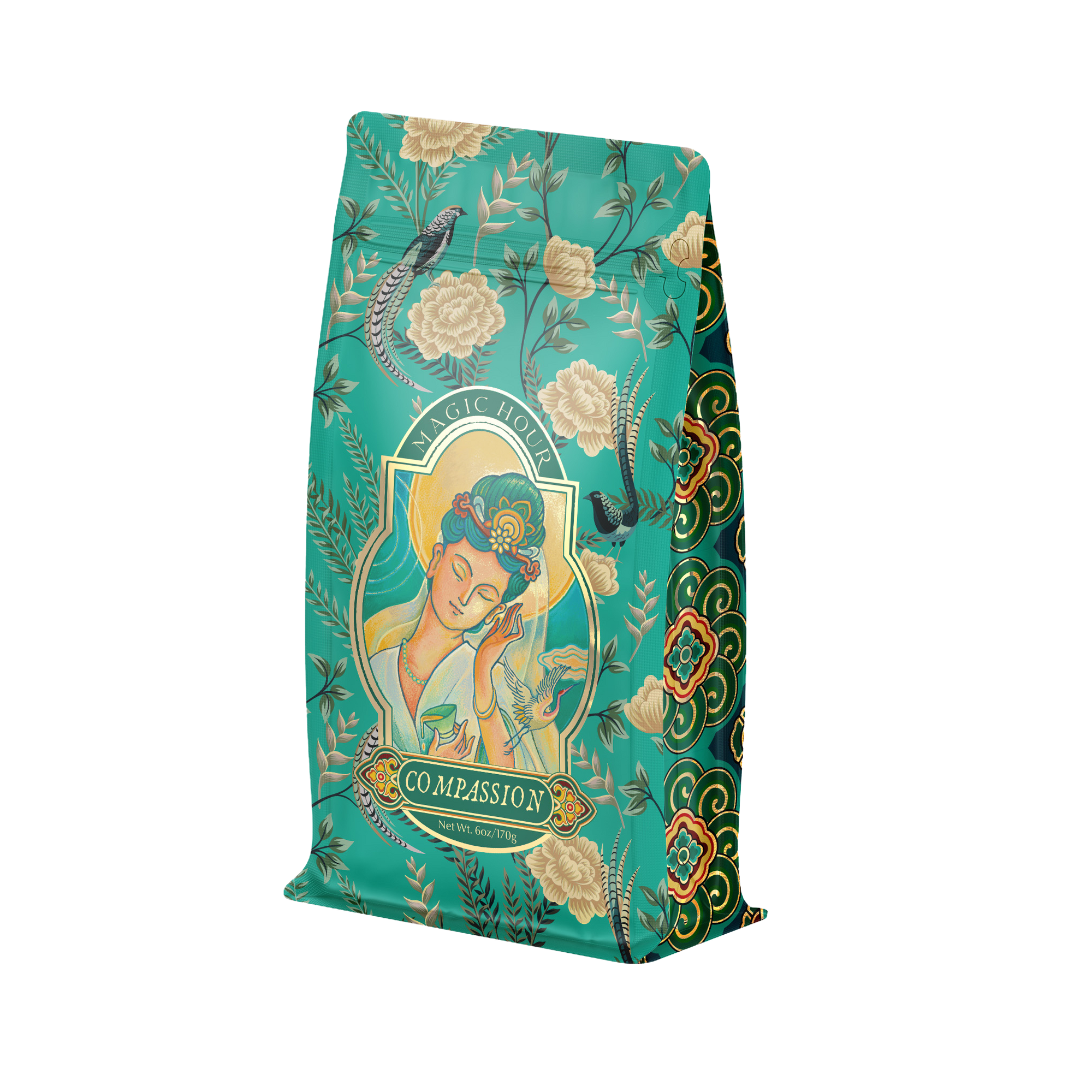 A teal coffee bag, decorated with floral patterns and a serene image of a woman in traditional attire, nods to the ancient art of tea fermentation. Labeled &quot;Compassion: Quan Yin Original Style Oolong,&quot; it evokes tranquility through its ornate details and harmonious color scheme.