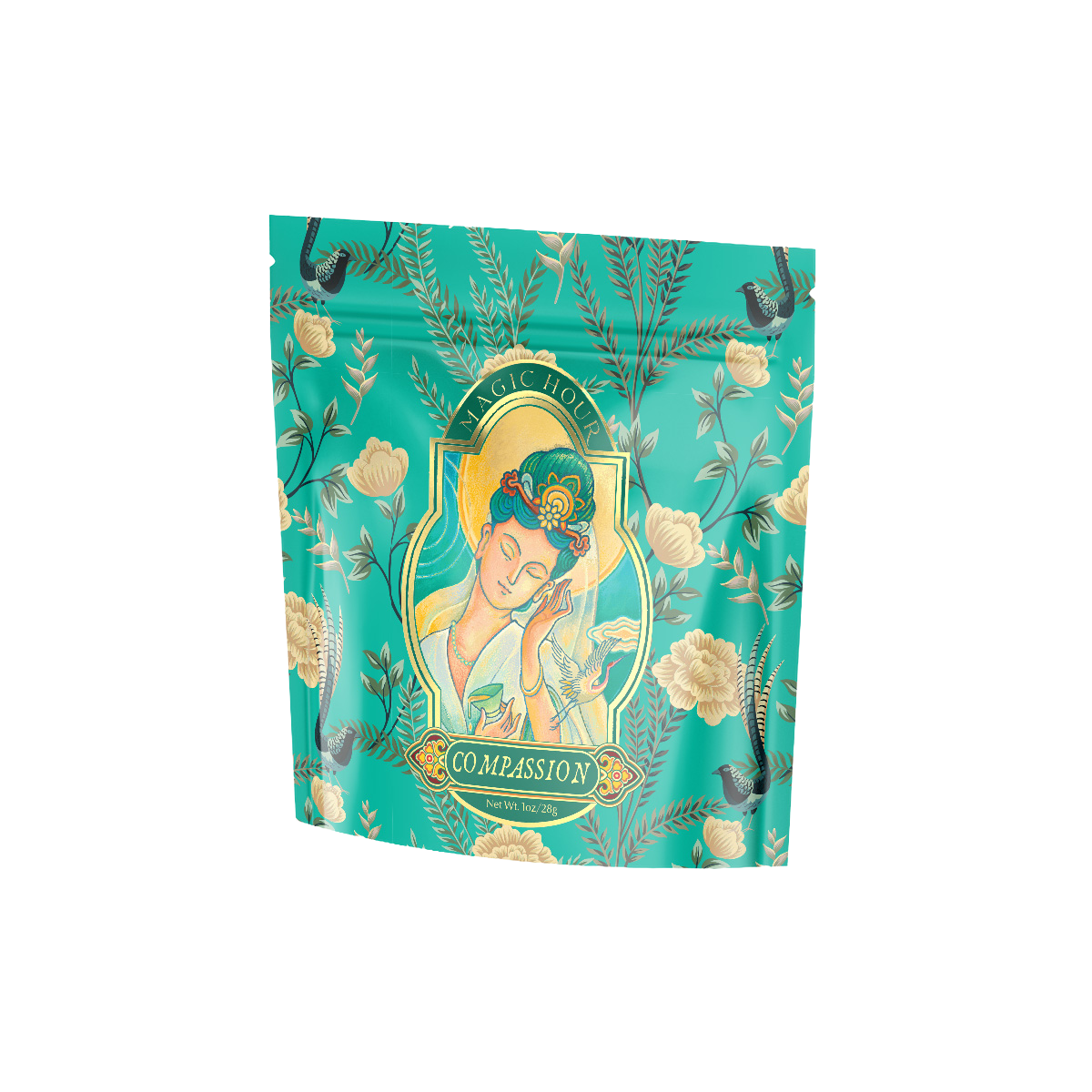 A teal pouch showcases a serene woman holding a flower, framed by floral and vine patterns, echoing the calming essence of Quan Yin Oolong. Below, "Compassion" reflects the product name: Compassion: Quan Yin Original Style Oolong.