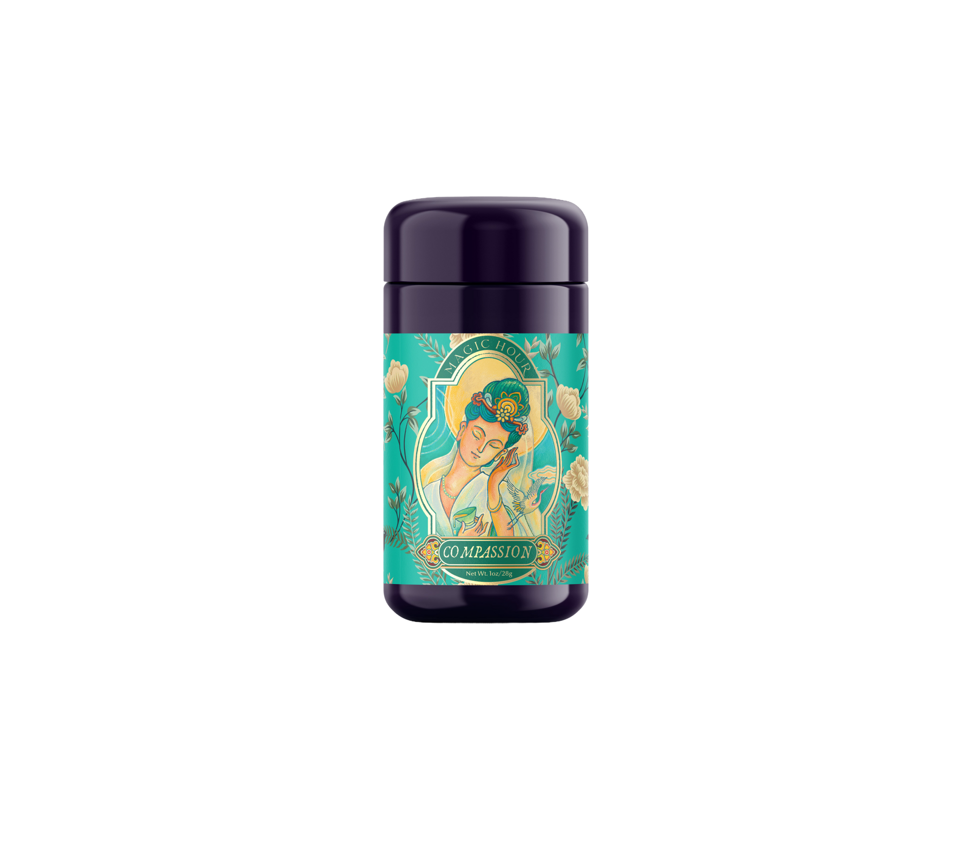 A dark purple cylindrical container displays a label of a woman in a green dress and hat, holding a flower. Surrounded by floral patterns, it features &quot;COMPASSION,&quot; embodying the soothing essence of Compassion: Quan Yin Original Style Oolong and its long fermentation cycle.