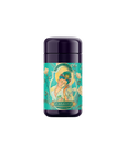 A dark purple cylindrical container displays a label of a woman in a green dress and hat, holding a flower. Surrounded by floral patterns, it features "COMPASSION," embodying the soothing essence of Compassion: Quan Yin Original Style Oolong and its long fermentation cycle.