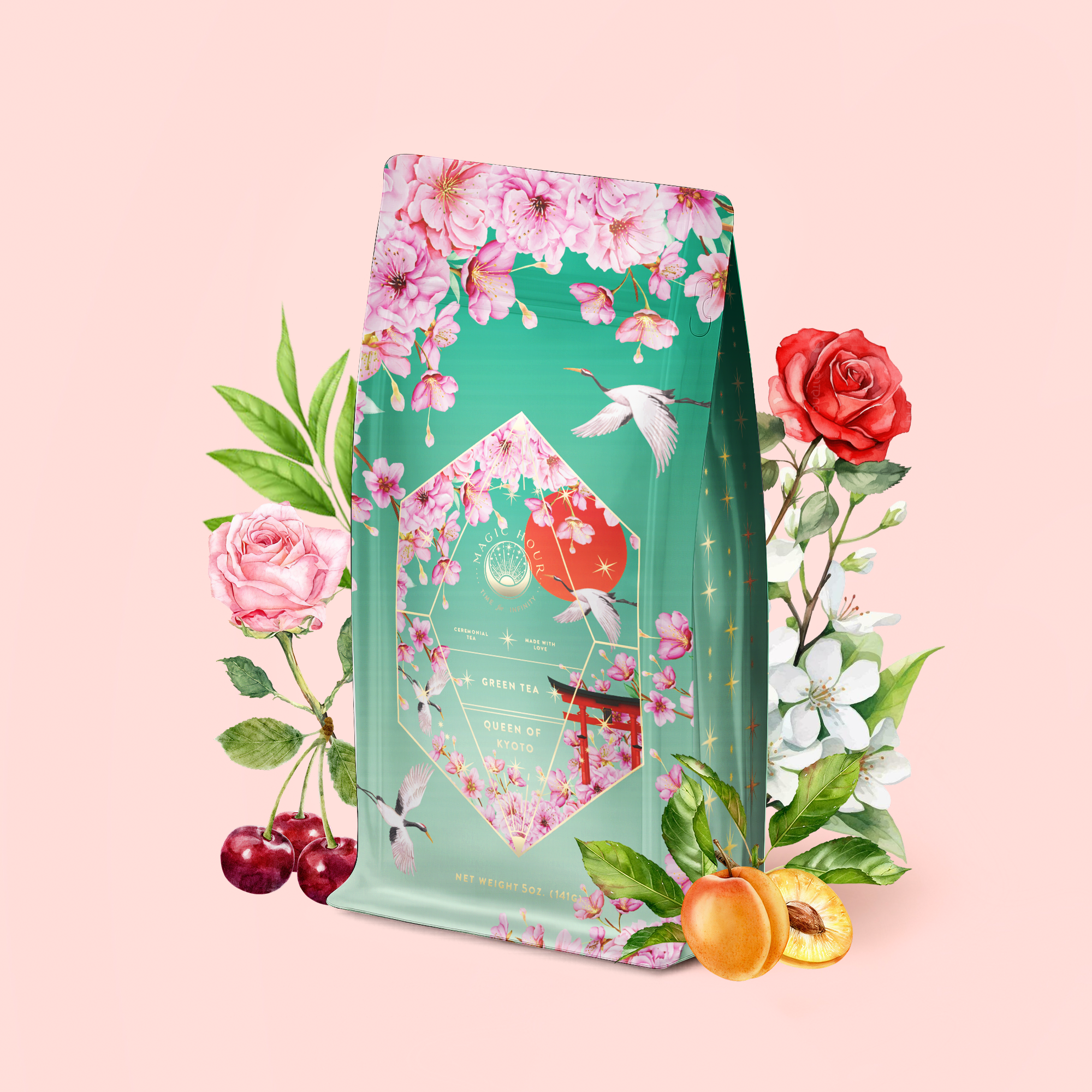 Introducing Queen of Kyoto: a vibrant tea package inspired by the Japanese Cherry Blossom Festival, adorned with pink cherry blossoms, a graceful crane, and elegant gold accents. The design is beautifully framed by roses, white flowers, cherries, and apricots against a soft pink background.