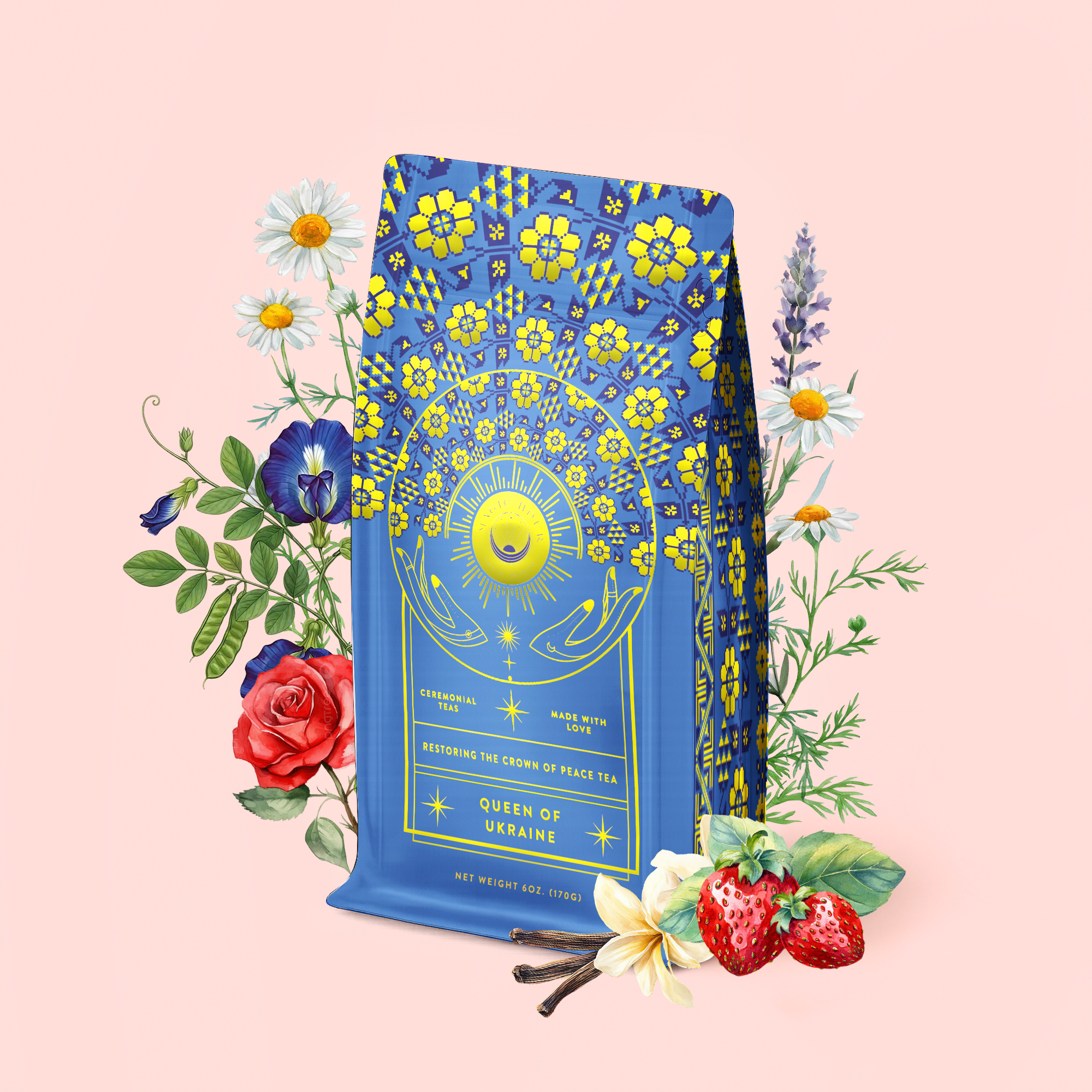 A blue and yellow tea package labeled "Queen of Ukraine: Spring Blossom Tea" stands amid colorful flowers, strawberries, and vanilla beans on a light pink background. The ornate packaging, adorned with a sun and floral designs, hints at the delightful tea blend within.