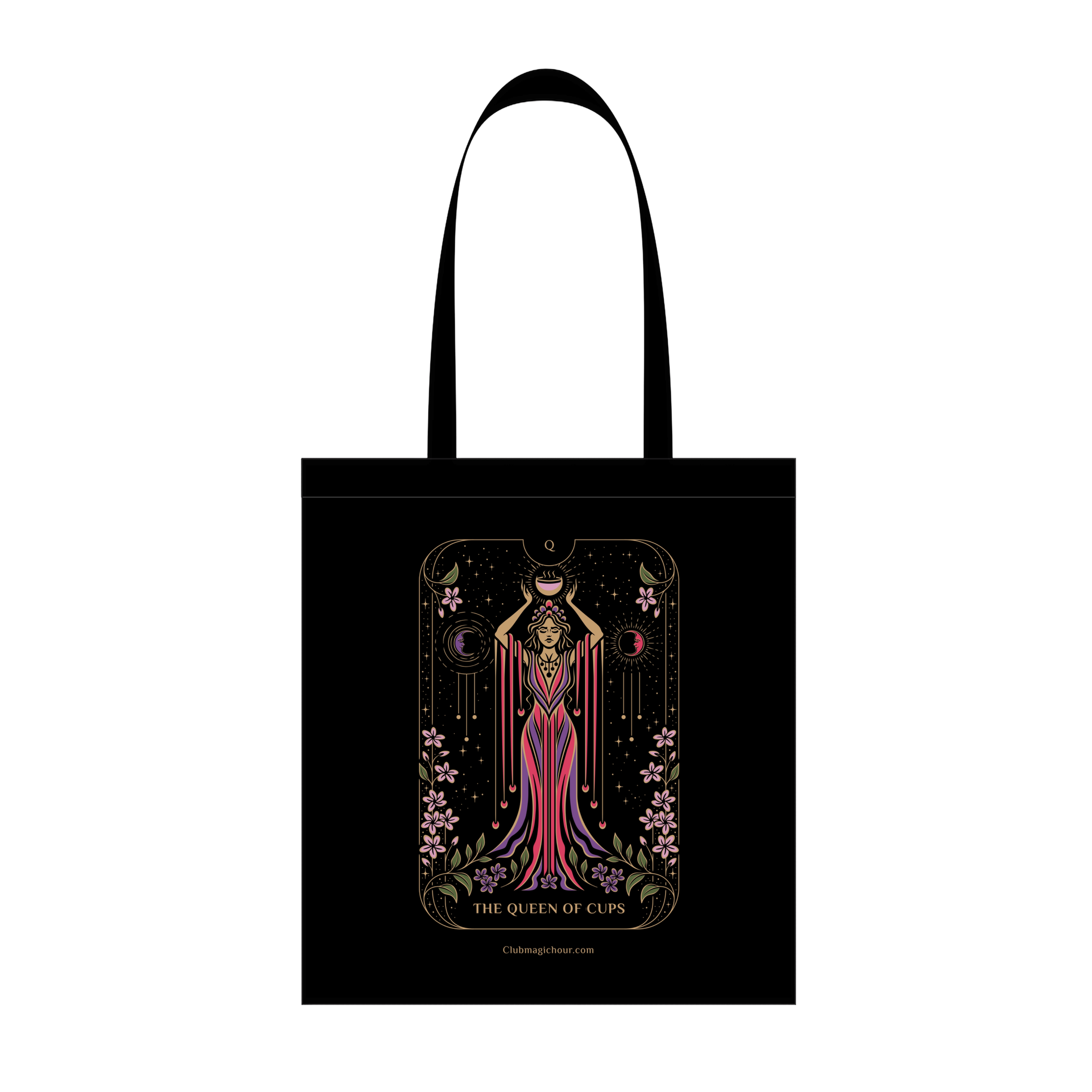 Queen of Cups Tote Bag: A beautifully illustrated tote bag showcasing a tarot card design with the Queen of Cups dressed in a red gown. The design features moons, stars above, and is adorned with floral motifs. It includes the text &quot;The Queen of Cups&quot; at the bottom.