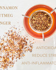 A top view of a Magic Hour Queen of the Harvest : Herbal Relaxation Tea strainer containing a blend of cinnamon, nutmeg, and ginger over a glass mug with tea. Loose tea leaves are scattered beside it. Text around the image lists the benefits: "Antioxidant, Reduce Stress, Anti-Inflammatory." Perfect for any organic tea lover!