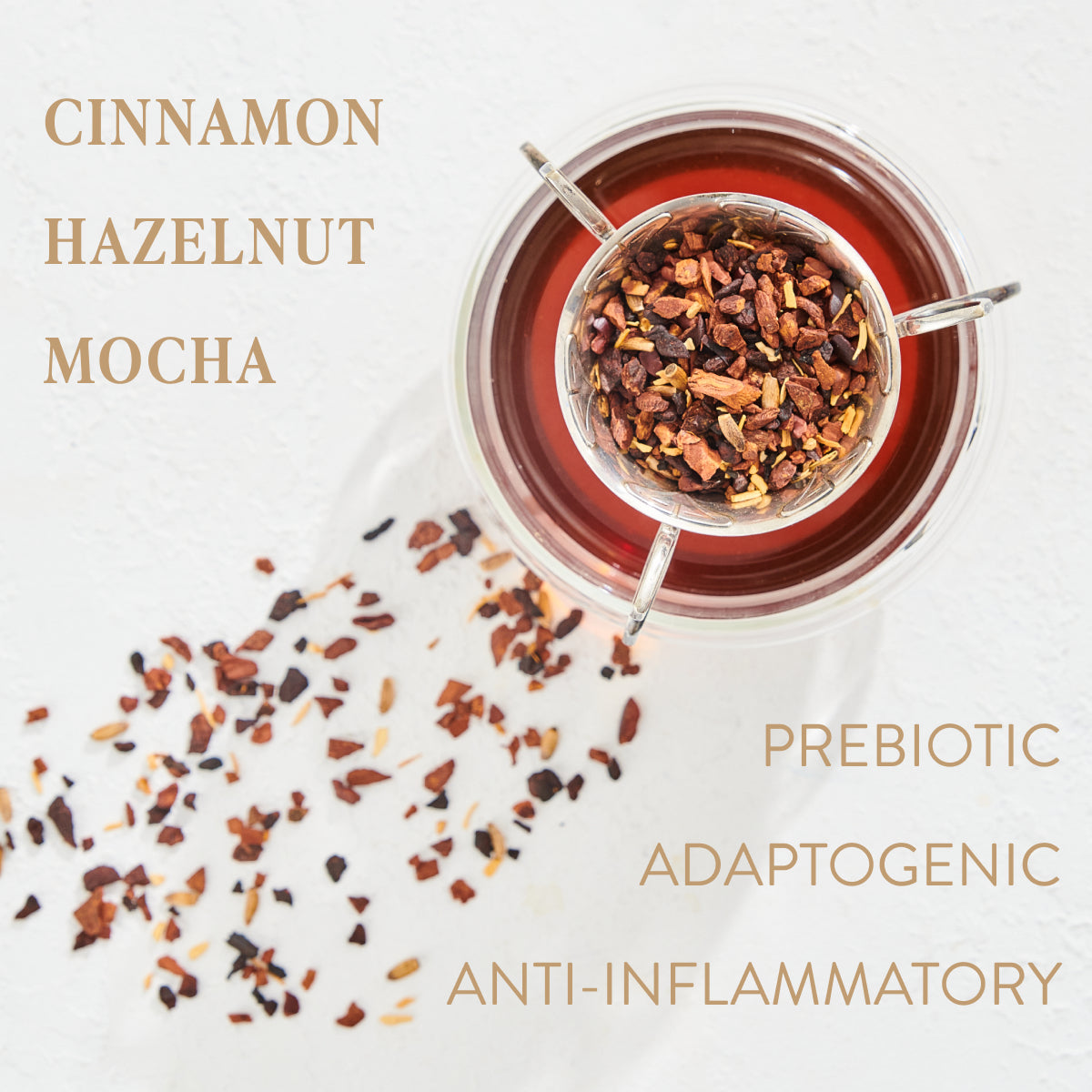 Top-down view of a glass of Queen of the South: Delicious Cocoa Detox Tea with a layer of mixed spices floating. Spices are also scattered outside the glass. The text reads: "QUEEN OF THE SOUTH: DELICIOUS COCOA DETOX TEA," "PREBIOTIC," "ADAPTOGENIC," and "ANTI-INFLAMMATORY" against a white background, reminiscent of an Organic Tea blend from Magic Hour.