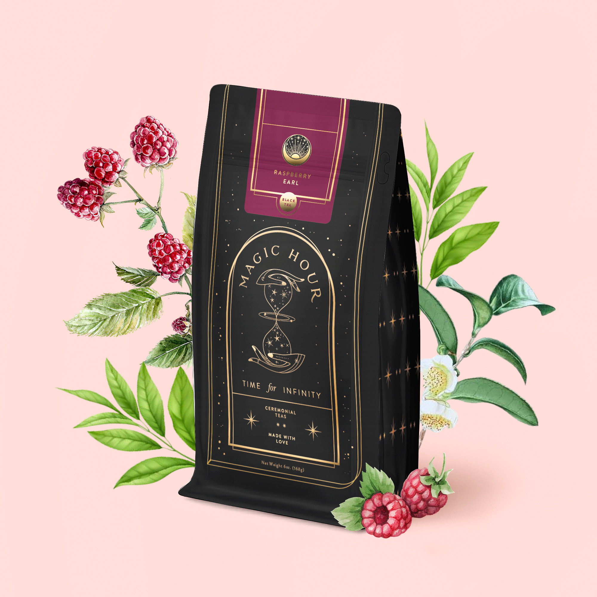 A black tea bag labeled "Raspberry Earl Grey Black Tea" stands upright, surrounded by illustrated raspberry fruits, leaves, and white tea flowers on a soft pink background. Crafted with biodynamically grown Ceylon black tea and infused with organic freeze-dried raspberries, this blend captures the vibrant essence of nature in every cup.