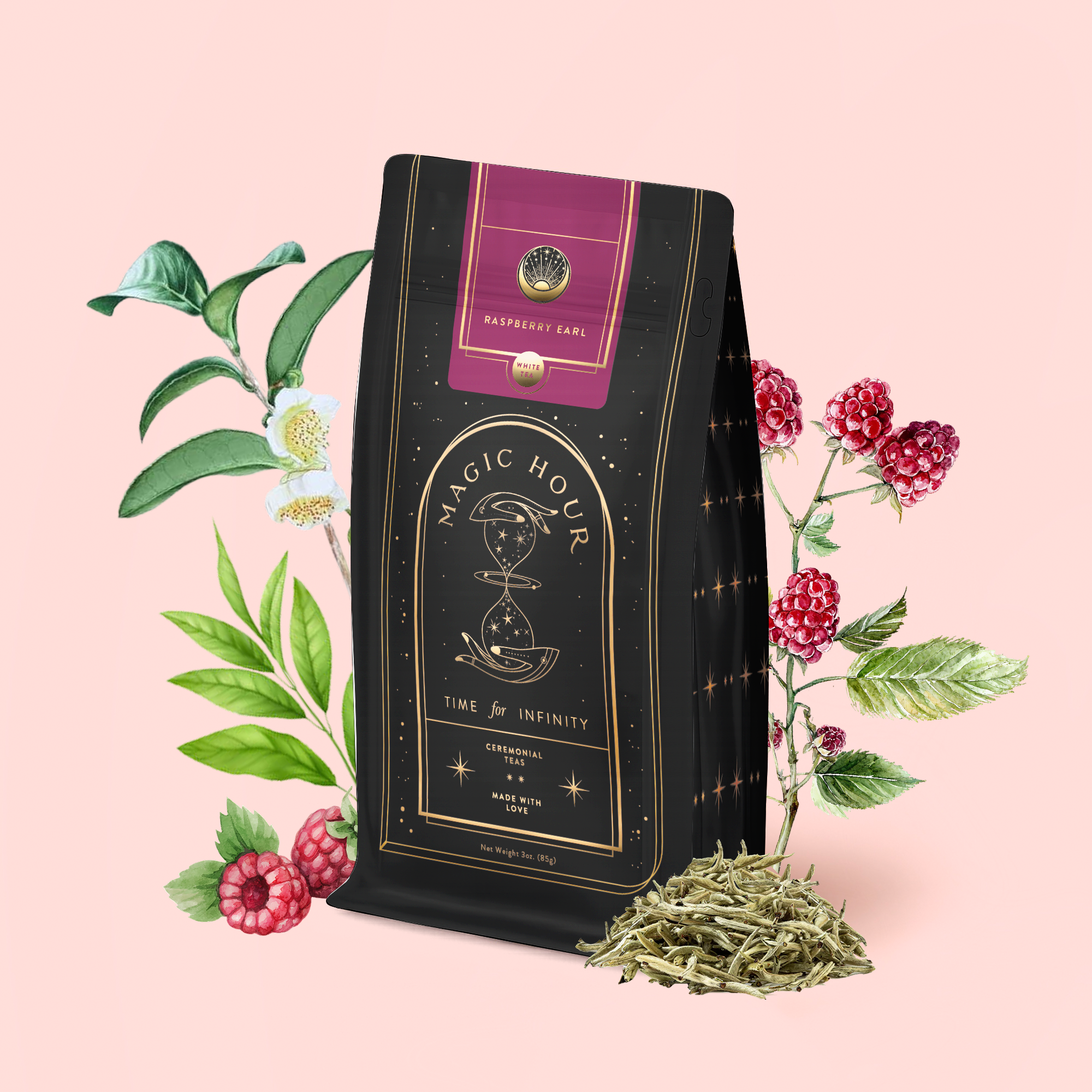 The Raspberry Earl White Tea package in black and gold is shown with fresh raspberries, antioxidant-rich white tea leaves, raspberry leaves, and white camellia flowers on a soft pink background.