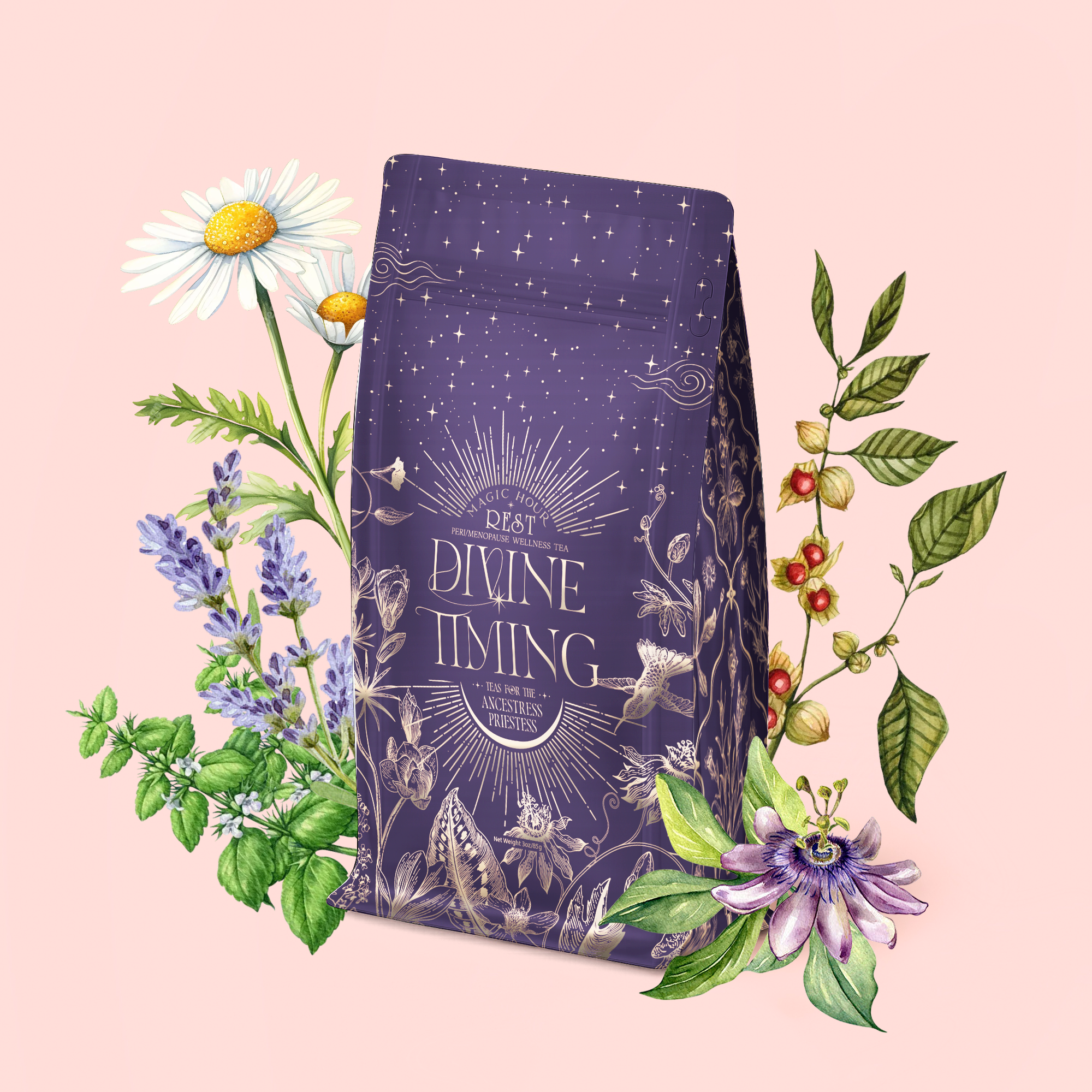 A purple coffee bag labeled "Divine Timing Rest" sits among illustrated chamomile, lavender, passionflower, and coffee plant branches on a pale pink background.