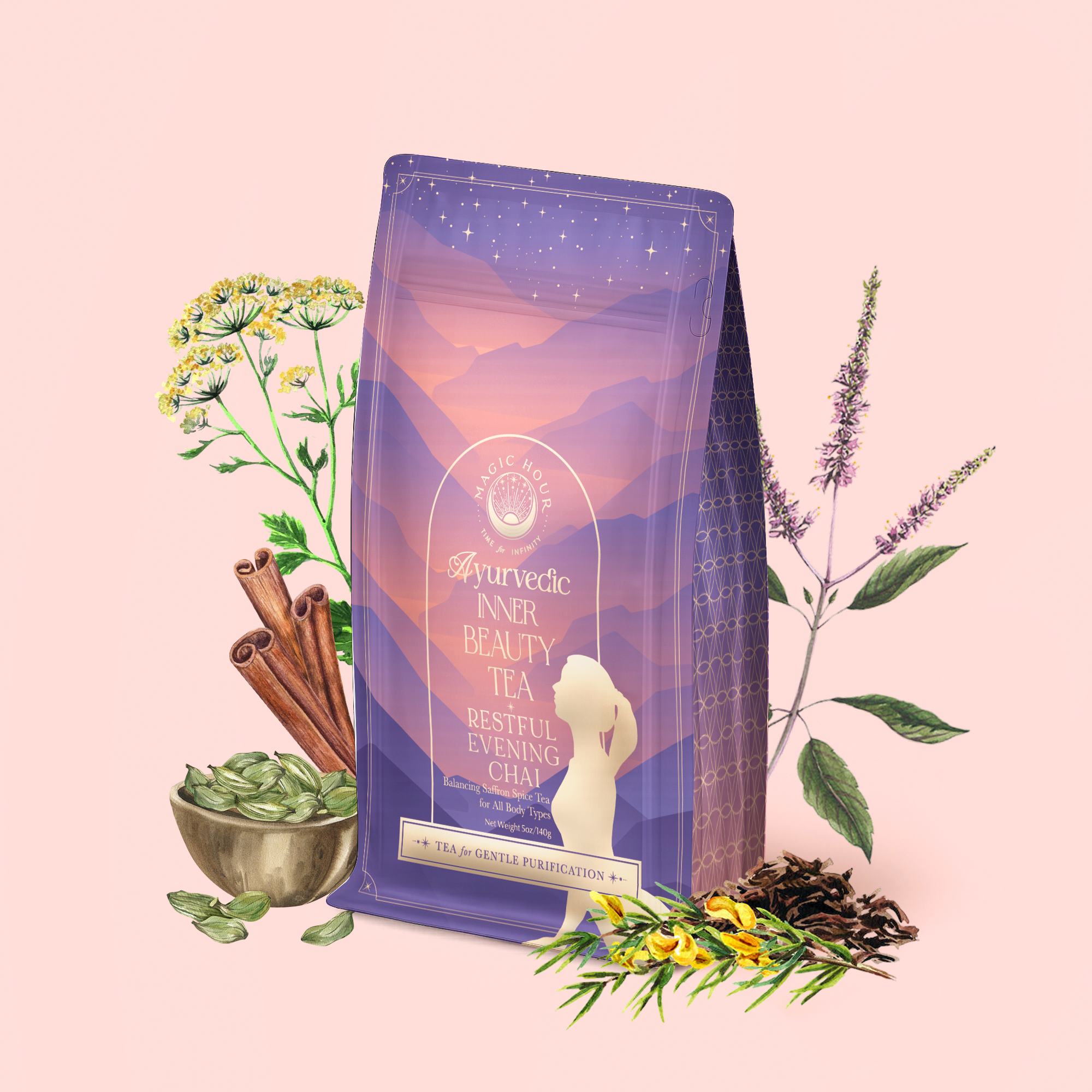 A bag of Restful Evening Chai: Dosha Balancing Saffron Spice Tea, a soothing caffeine-free herbal chai blended with powerful herbs, cinnamon sticks, cardamom pods, and tea leaves, is artfully arranged on a pale pink background. The packaging features a sunset and silhouette design, highlighting its purpose as a Dosha balancing tea for daily wellness.