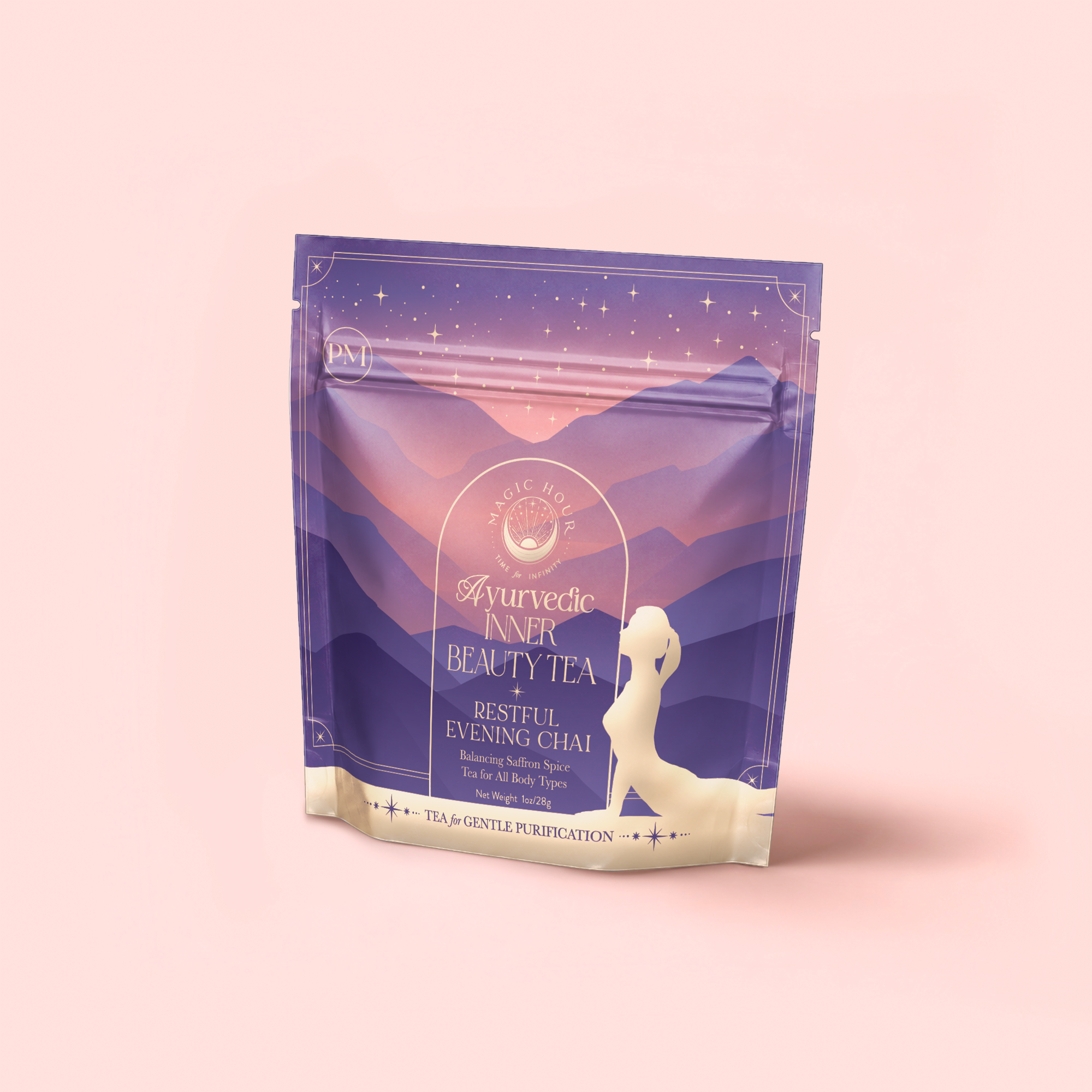 A lavender and peach tea packet labeled "Restful Evening Chai: Dosha Balancing Saffron Spice Tea" features a woman's silhouette, mountains, and stars, offering relaxation and gentle purification.