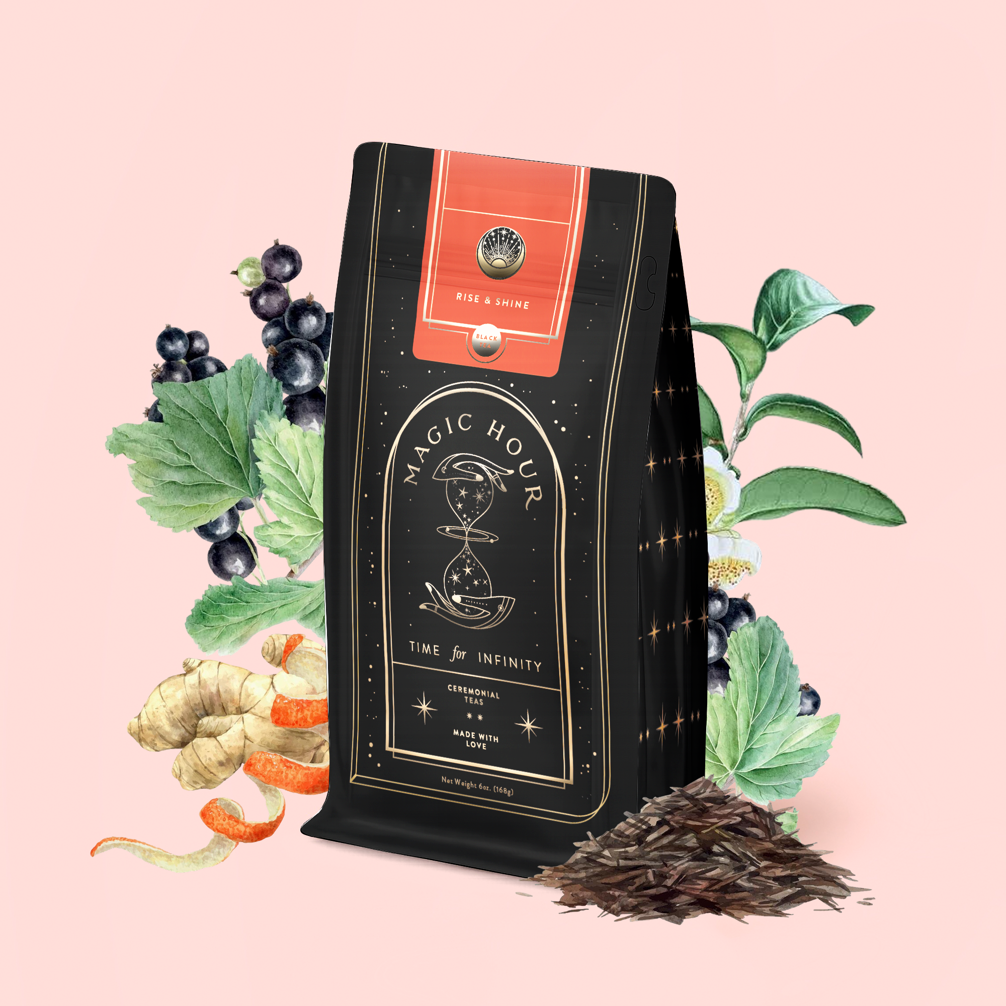A bag of Magic Hour adaptogenic wellness tea labeled "Rise &amp; Shine Black Tea" is surrounded by blackcurrants, ginger, leafy branches, and a small pile of loose tea leaves on a light pink background.