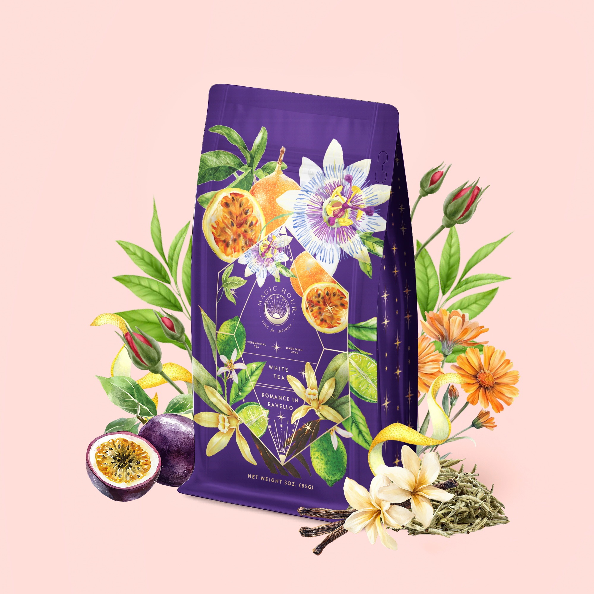 A purple tea bag adorned with illustrations of passion fruit, vanilla, and delicate flowers is surrounded by tea leaves, blossoms, and fresh passion fruit on a pastel pink background. This vibrant scene evokes the enchanting essence of Romance in Ravello—a Chocolate-Passionfruit-Rose-Cream White Tea inspired by the romance of the Amalfi Coast.