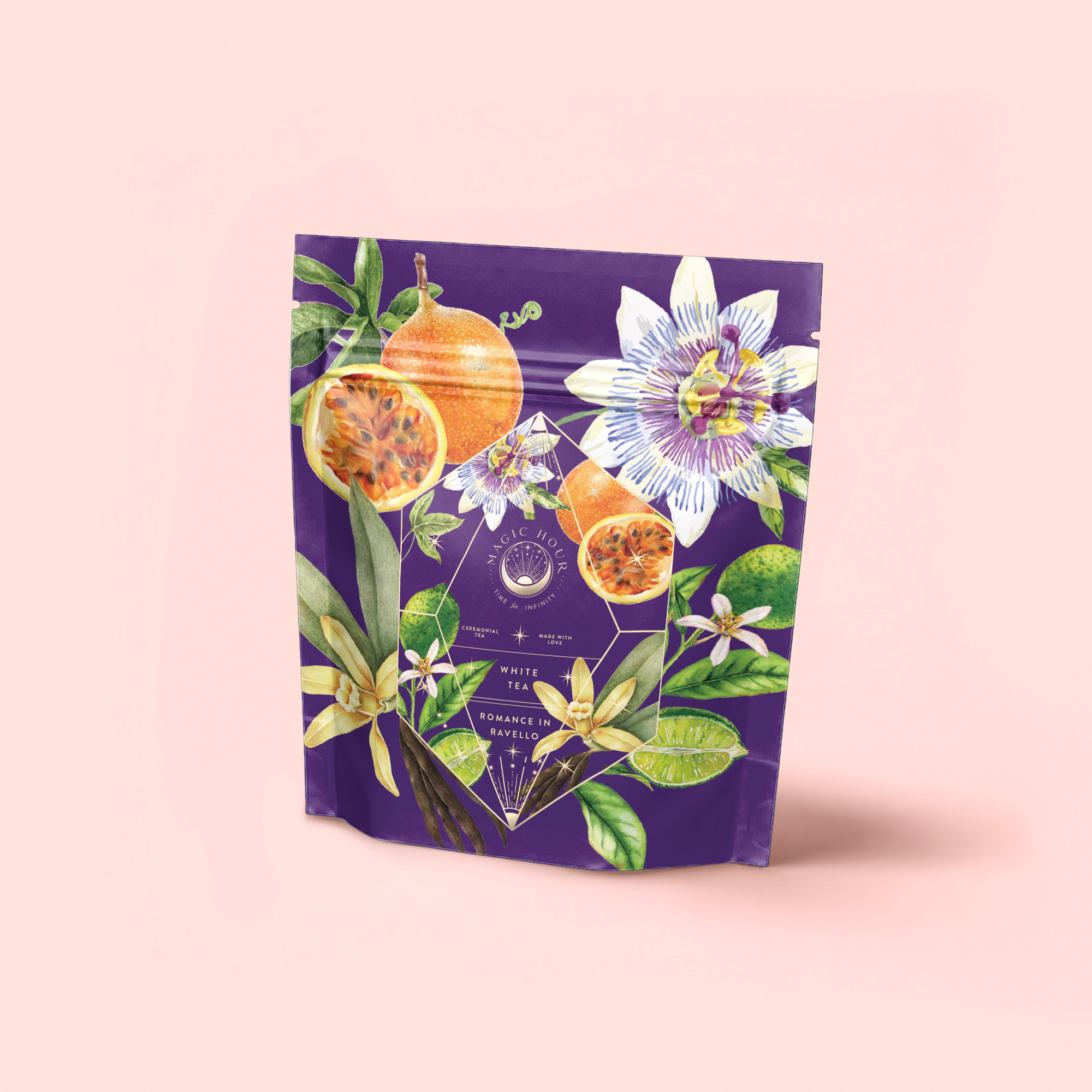 A purple stand-up pouch with colorful passion fruit, flowers, and green leaves on pink hints at "Romance in Ravello"—a Chocolate-Passionfruit-Rose-Cream White Tea blend inspired by the Amalfi Coast.
