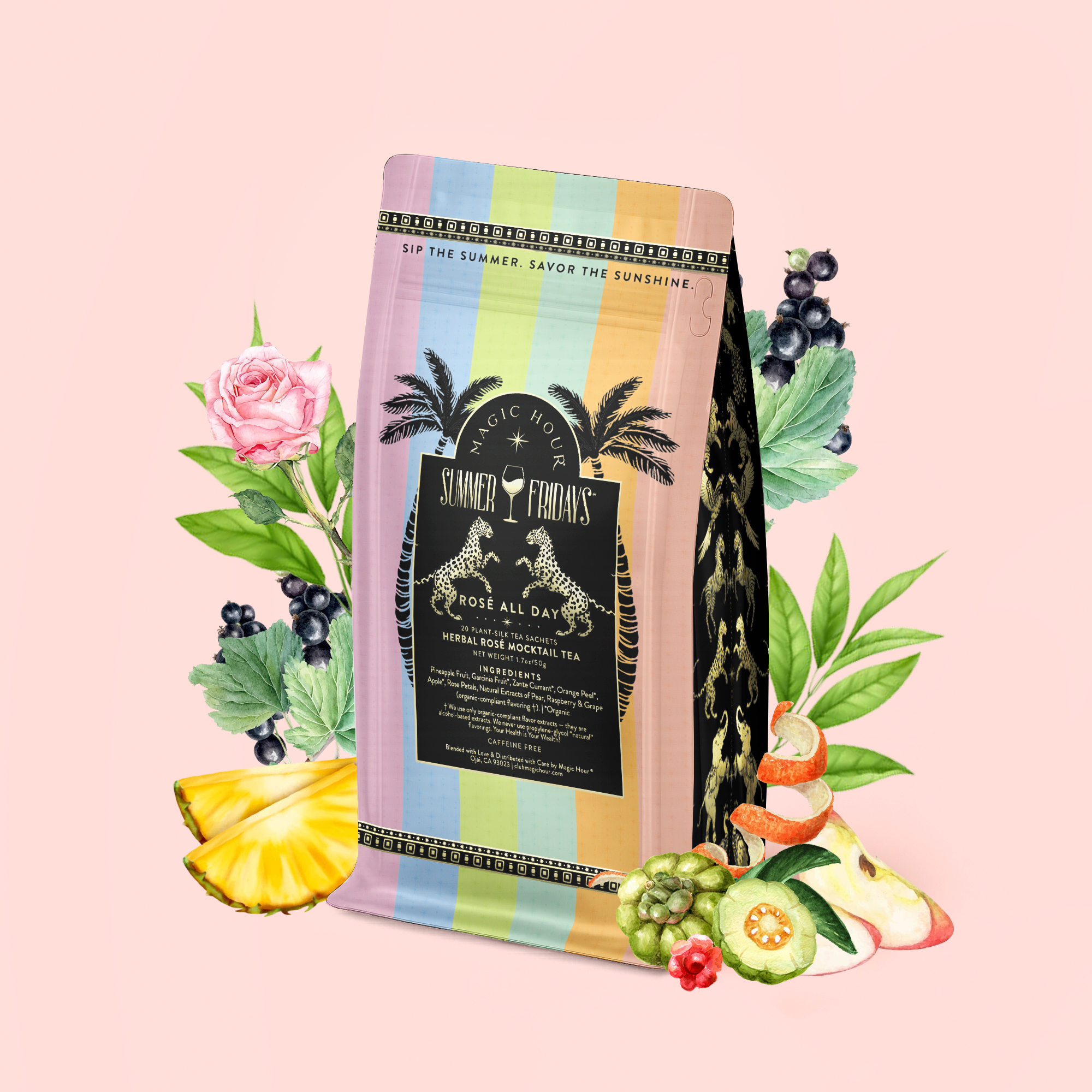 A pastel-striped package of "Rosé All Day: Herbal Tropical Flower Mocktail Tea for Slim Summer Sips," adorned with palm trees and gold accents, is surrounded by illustrations of pineapple, guava, rose, hibiscus, acai berries, and green leaves on a pale pink background. This delightful design suggests an energizing mocktail tea crafted with Garcinia Cambogia and vibrant tropical flavors—an ideal alcohol-free rosé alternative.