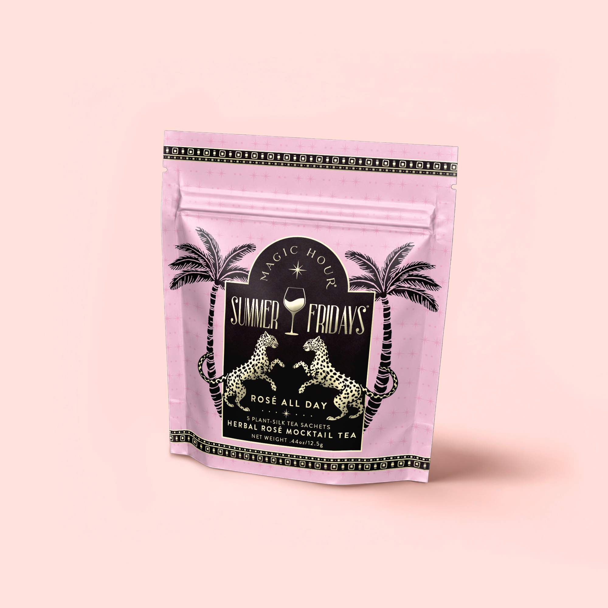 A pink resealable pouch labeled "Rosé All Day: Herbal Tropical Flower Mocktail Tea for Slim Summer Sips" features black, gold, and white palm tree and leopard designs, and contains an alcohol-free rose mocktail tea.