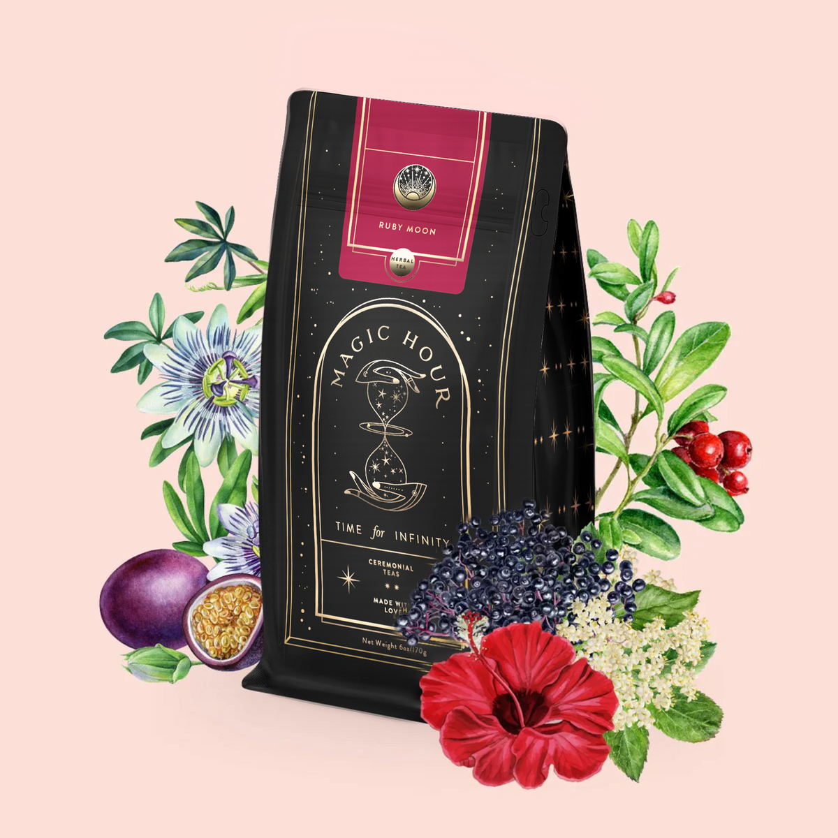 A black and gold tea bag labeled “Ruby Moon™ : Hibiscus Elderberry Tea” is surrounded by illustrated passionfruit, hibiscus, elderberry, and leaves—highlighting this caffeine-free herbal healing tea—on a pale pink background.