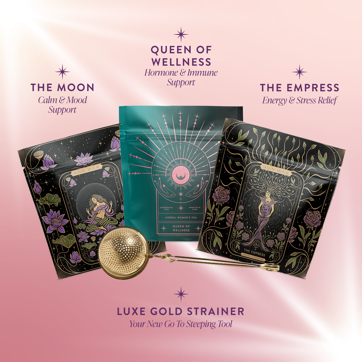 The Cycle Harmony Tea Sampler Set features three ornate teas—The Moon, Queen of Wellness, and The Empress—with a gold strainer. These adaptogenic blends support wellness, presented on a pink, subtly sparkling background.