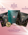 The Cycle Harmony Tea Sampler Set features three ornate teas—The Moon, Queen of Wellness, and The Empress—with a gold strainer. These adaptogenic blends support wellness, presented on a pink, subtly sparkling background.