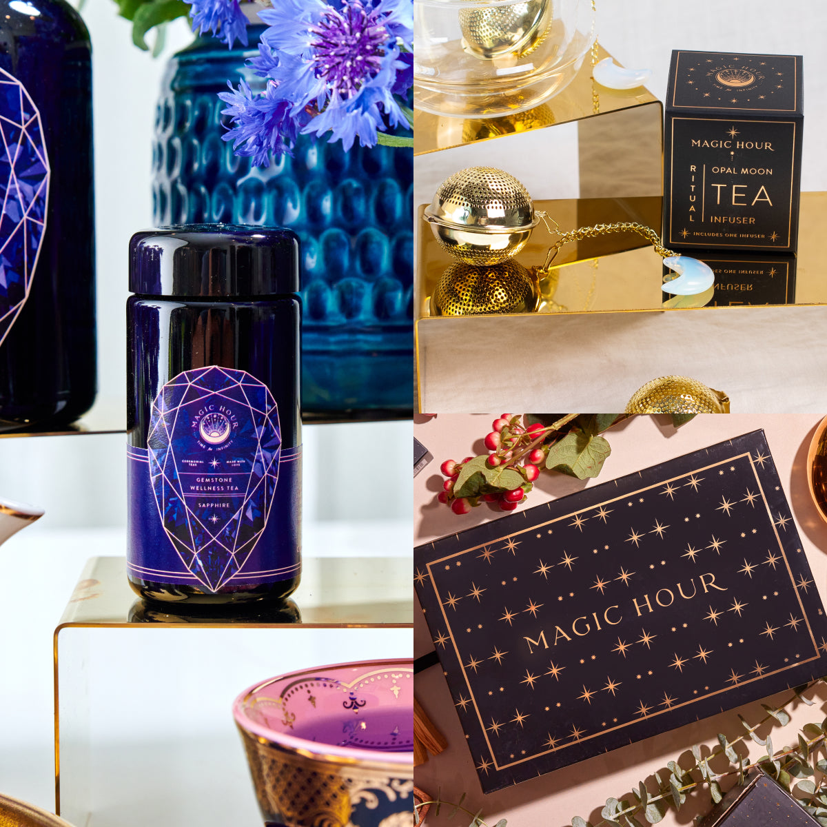 A collage displaying opulent tea items: a dark jar adorned with geometric designs, the celestial-patterned Magic Hour tea box, a smaller "Opal Moon" box that comes with an infuser, vibrant flowers, and decorative brass accents—all elements of the Sapphire September Birthstone Mini Gift Set for a gem-inspired tea ritual.