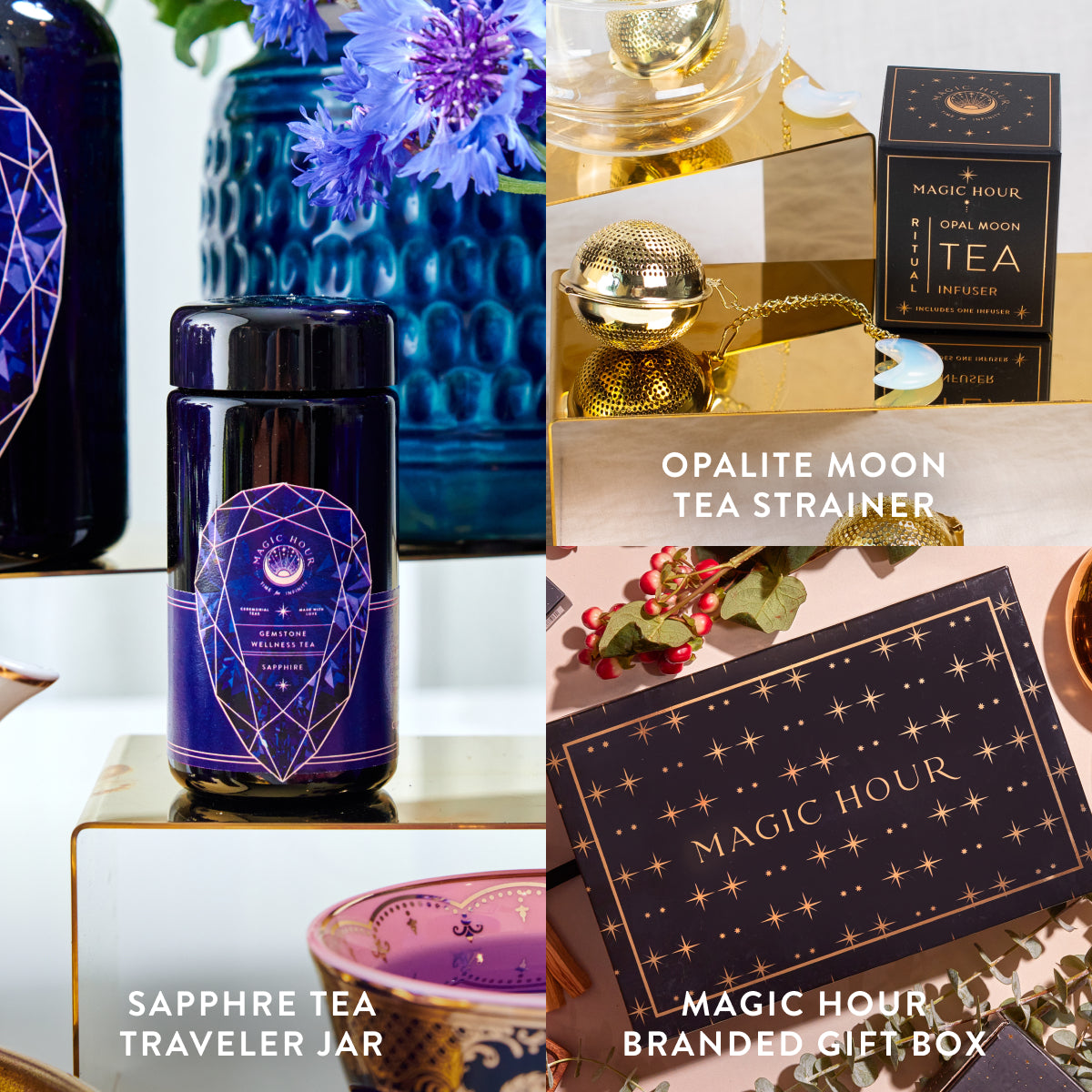 A collage featuring the Sapphire September Birthstone Mini Gift Set, which includes a Sapphire Wellness Tea Traveler Jar, an Opalite Moon Tea Strainer with a tin, and a Magic Hour Branded Gift Box. This gemstone-inspired tea ritual collection is elegantly displayed with decorative elements for a sophisticated touch.