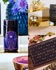 A collage displaying opulent tea items: a dark jar adorned with geometric designs, the celestial-patterned Magic Hour tea box, a smaller "Opal Moon" box that comes with an infuser, vibrant flowers, and decorative brass accents—all elements of the Sapphire September Birthstone Mini Gift Set for a gem-inspired tea ritual.