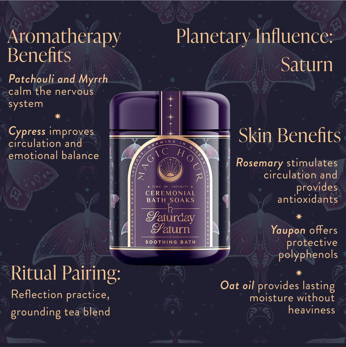 The &quot;Ceremonial Bath Soaks&quot; tin boasts decorative graphics, touts aromatherapy and skin benefits, emphasizes a celestial Saturn link, and suggests pairing with grounding tea for a self-care ritual—all in a purple and gold design.