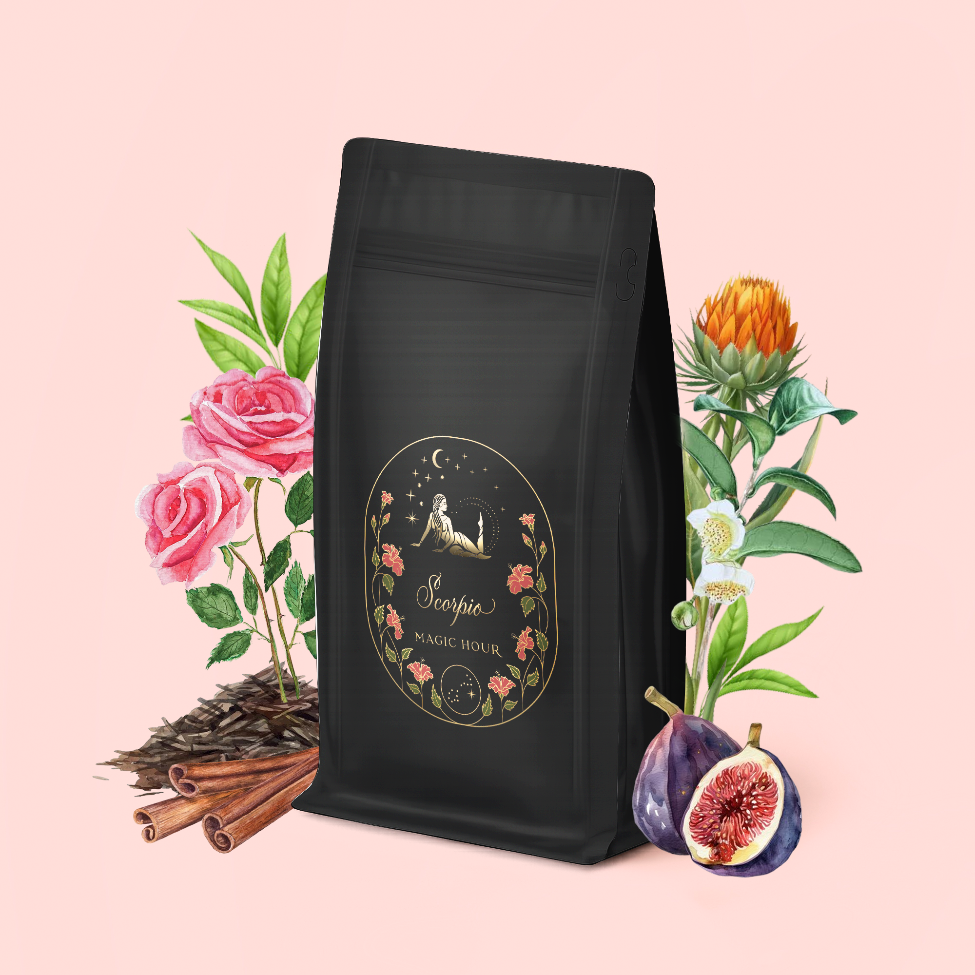 A black coffee bag with a floral label reading "Scorpio Tea for Sensual Brilliance" is surrounded by roses, cinnamon sticks, figs, and other flowers on a light pink background, evoking the delicate allure of rose congou and the enchanting notes of sensual tea.